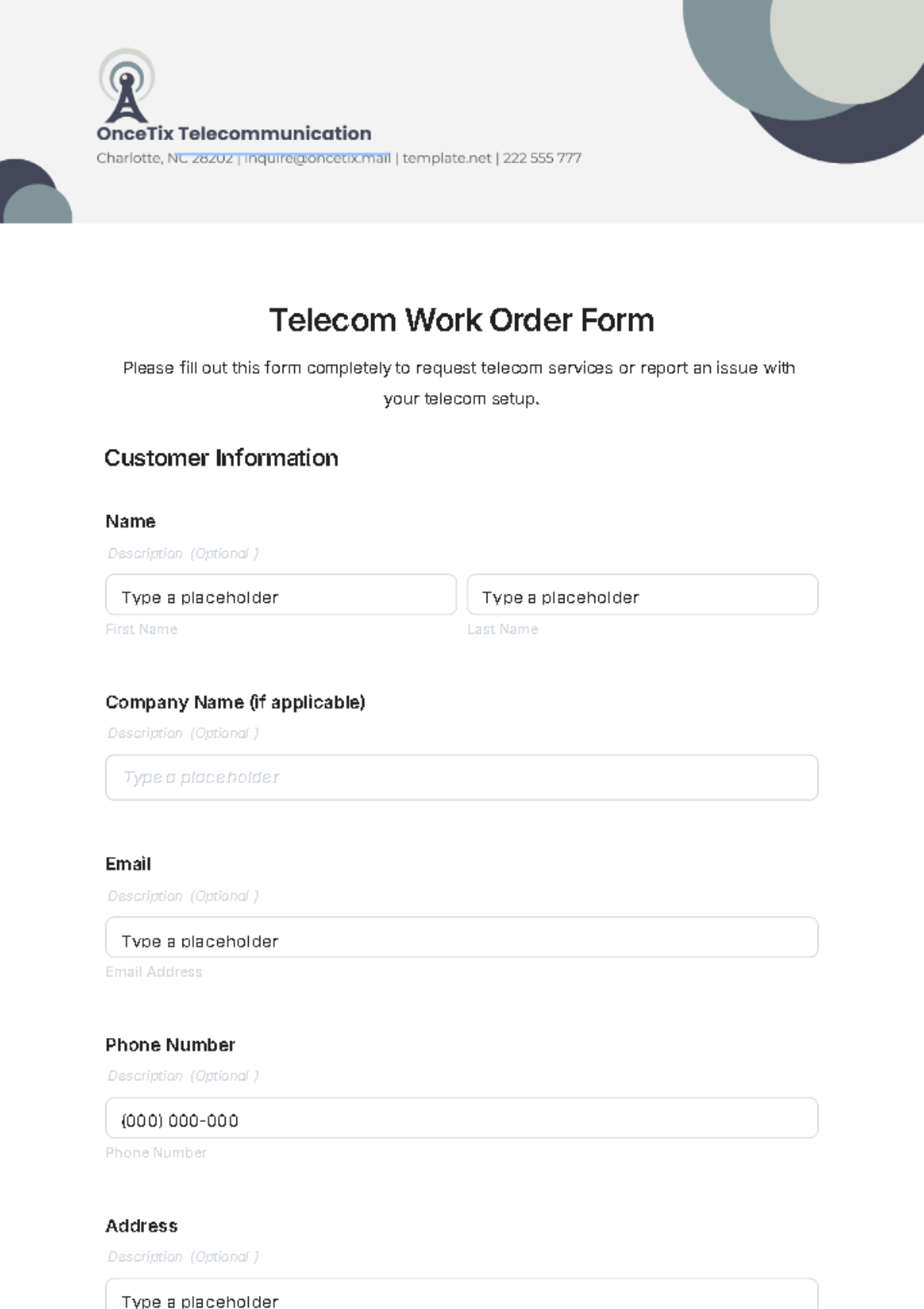 Telecom Work Order Form Template - Edit Online & Download