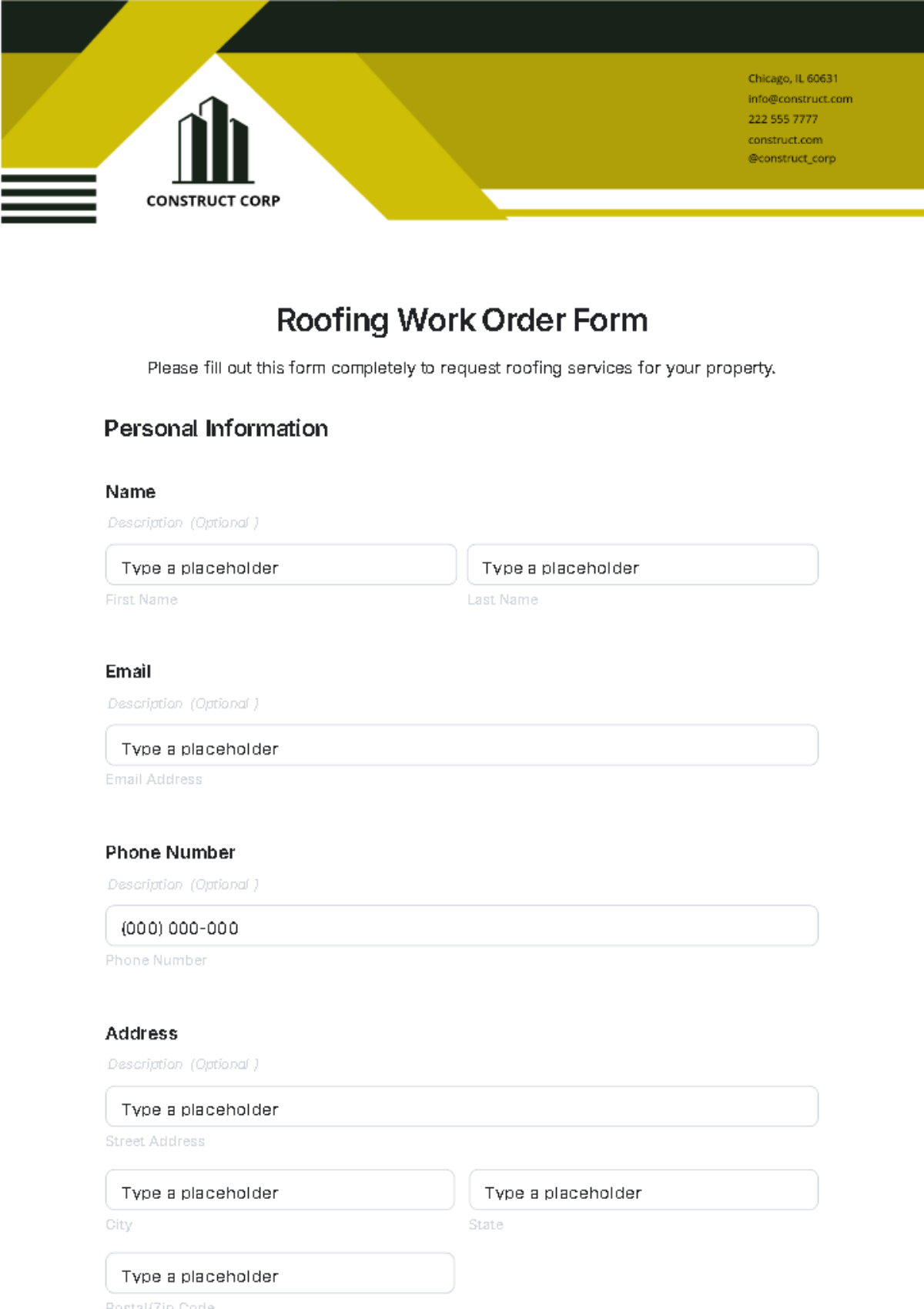 Free Roofing Work Order Form Template