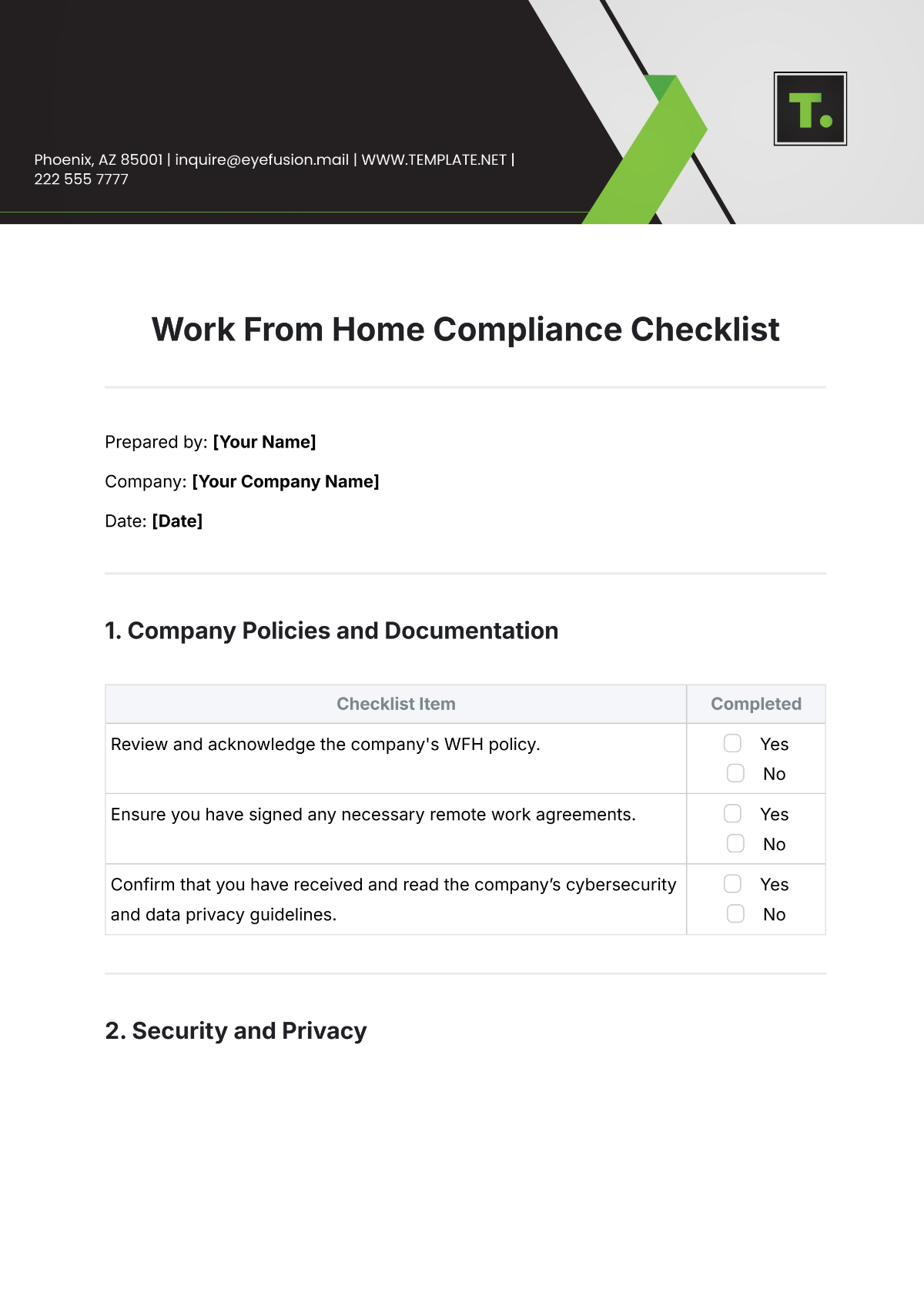 Work From Home Compliance Checklist Template - Edit Online & Download