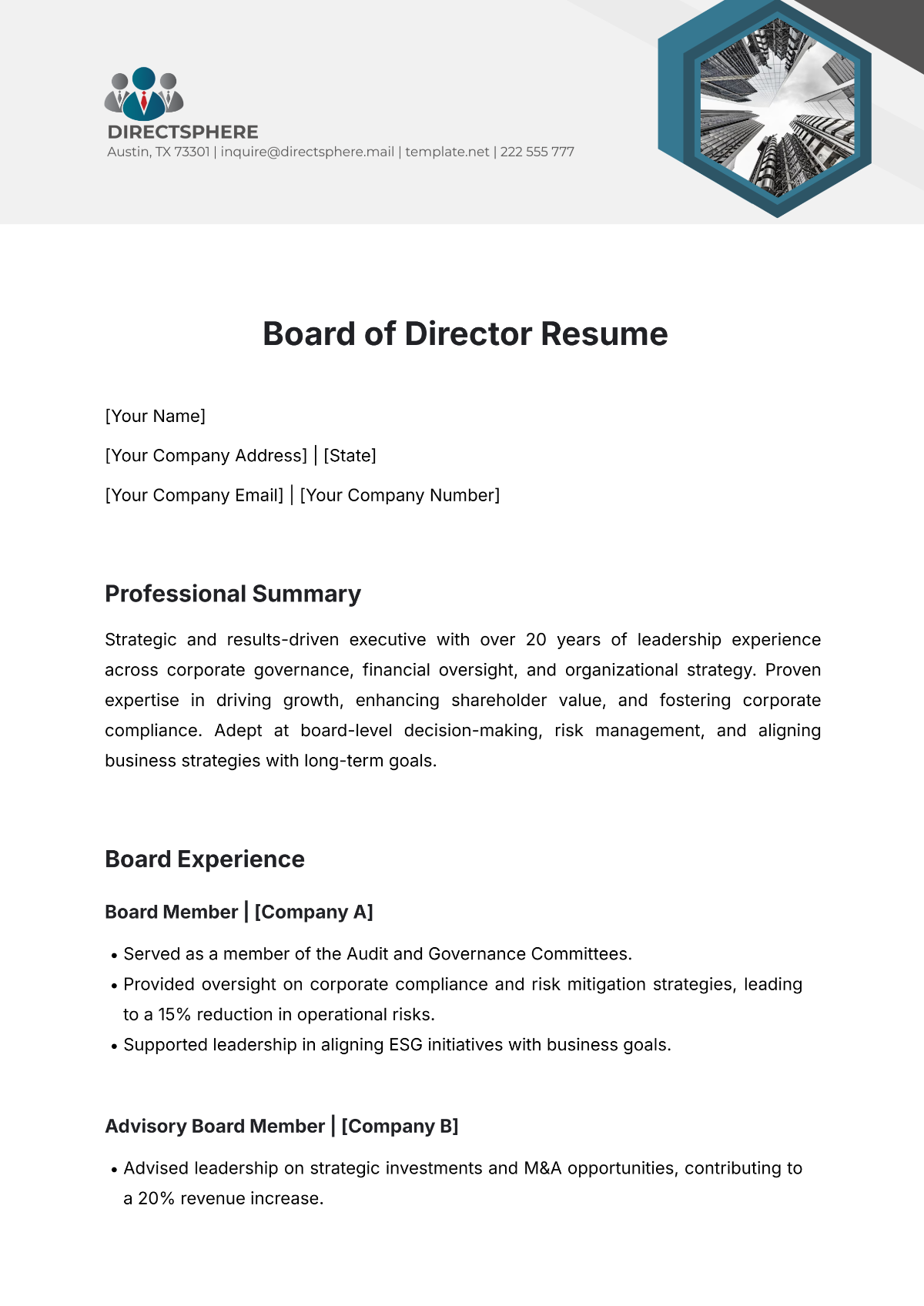 Board of Director Resume Template - Edit Online & Download