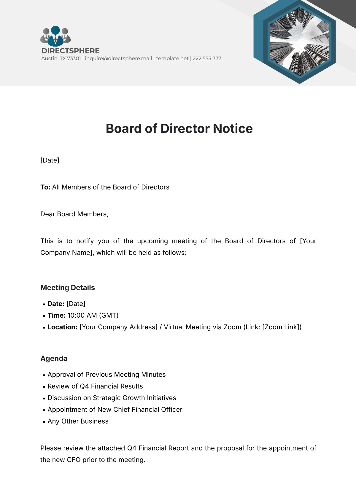 Board of Director Notice Template - Edit Online & Download