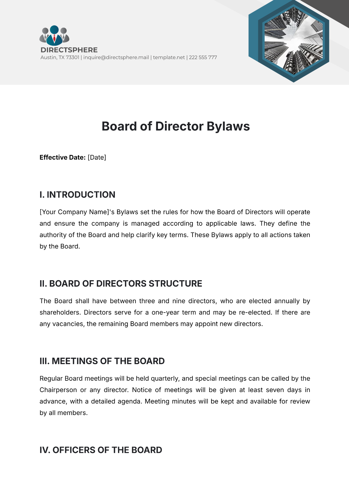 Board of Director Bylaws Template - Edit Online & Download