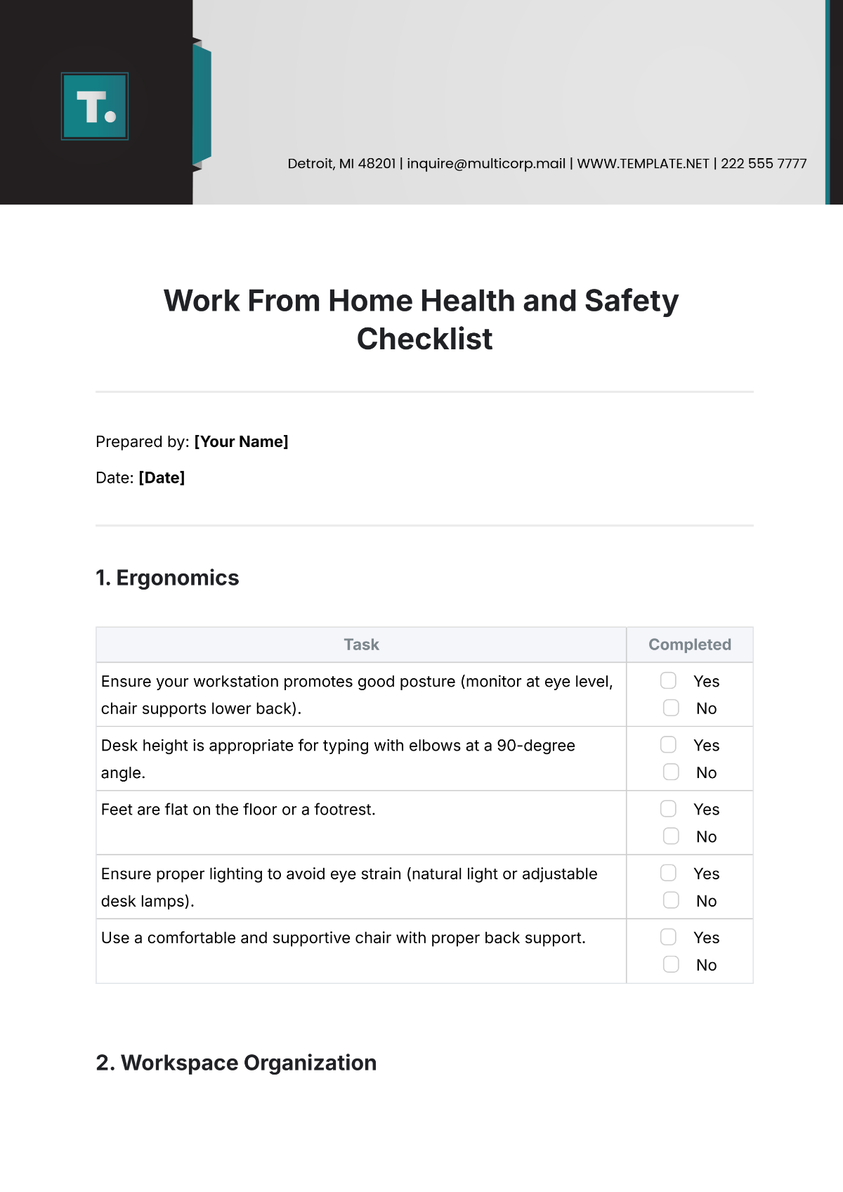 Work From Home Health and Safety Checklist Template - Edit Online & Download