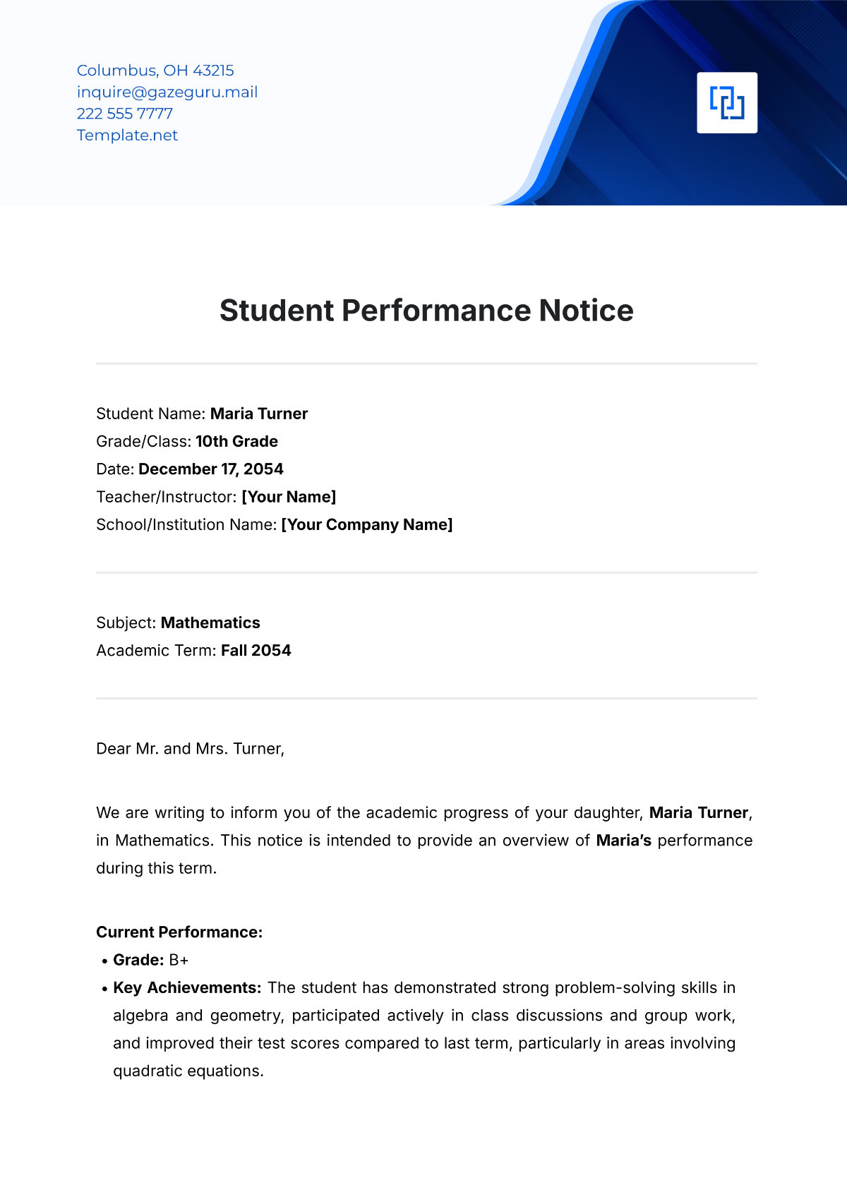 Student Performance Notice Template - Edit Online & Download