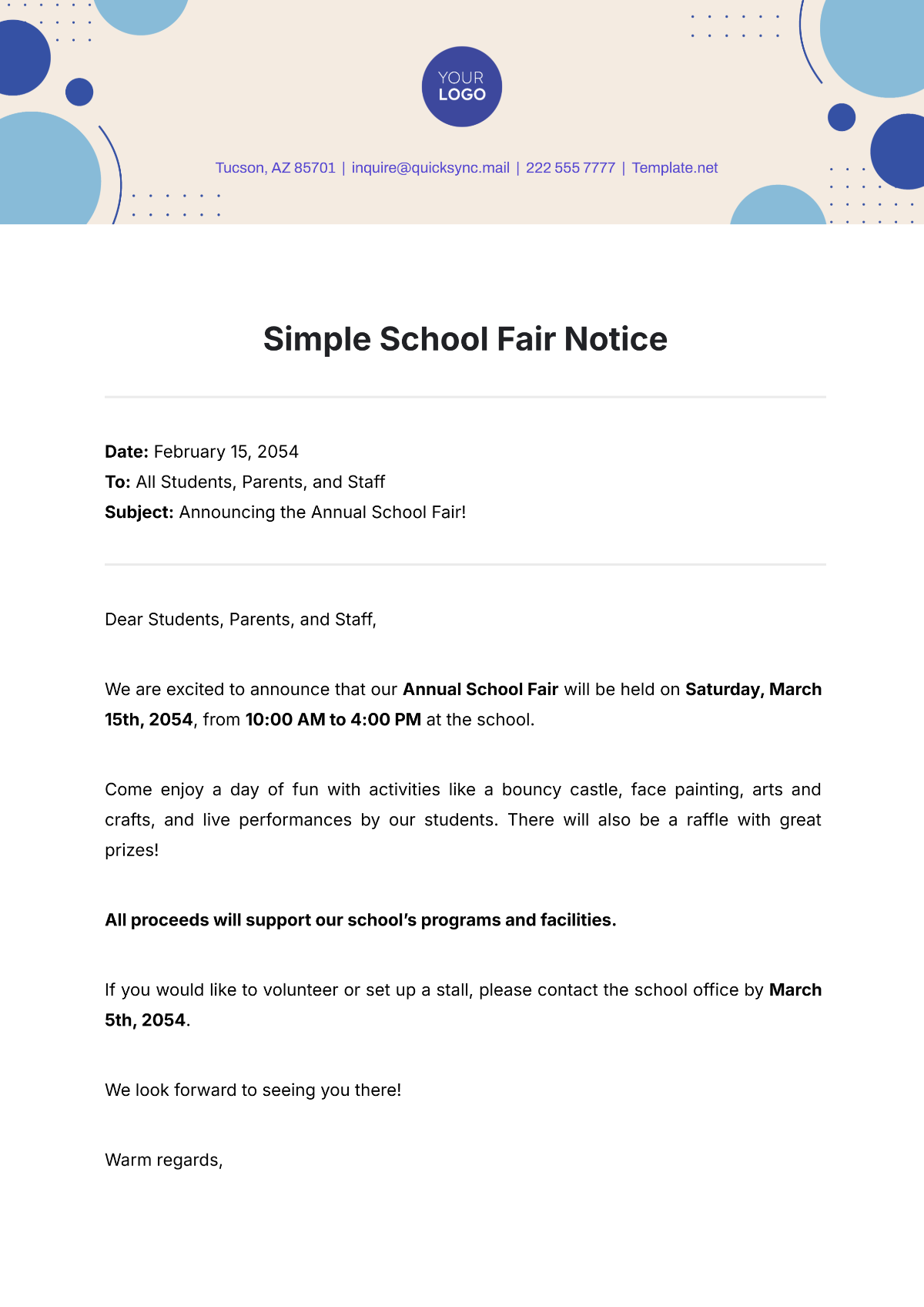 Simple School Fair Notice Template - Edit Online & Download