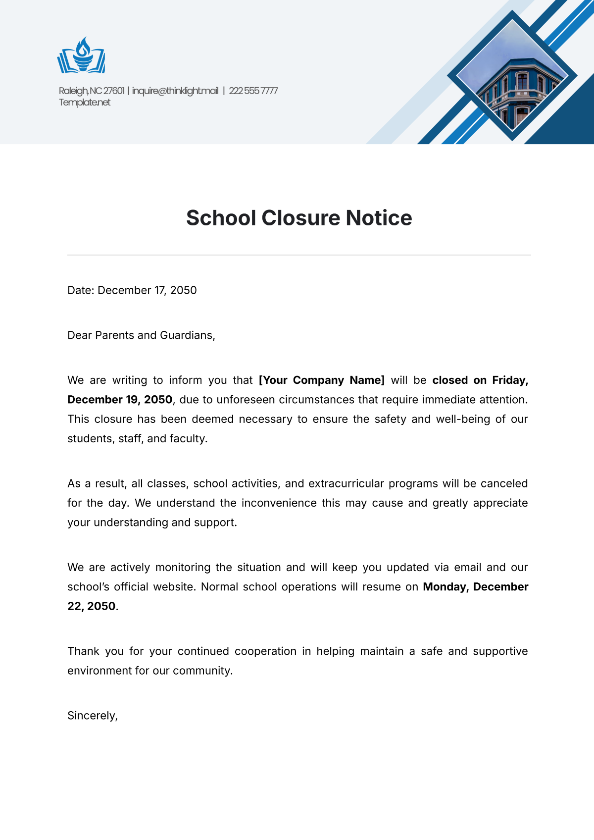 School Closure Notice Template - Edit Online & Download