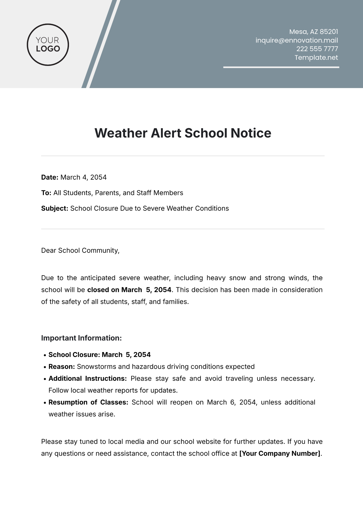 Weather Alert School Notice Template - Edit Online & Download