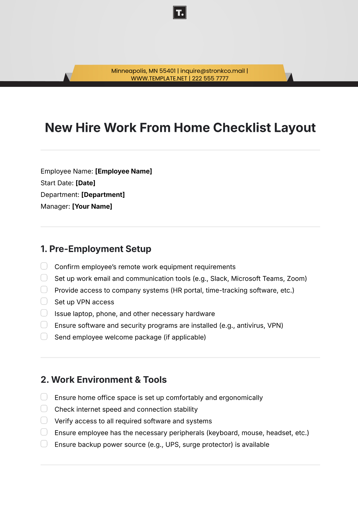 New Hire Work From Home Checklist Layout Template - Edit Online & Download