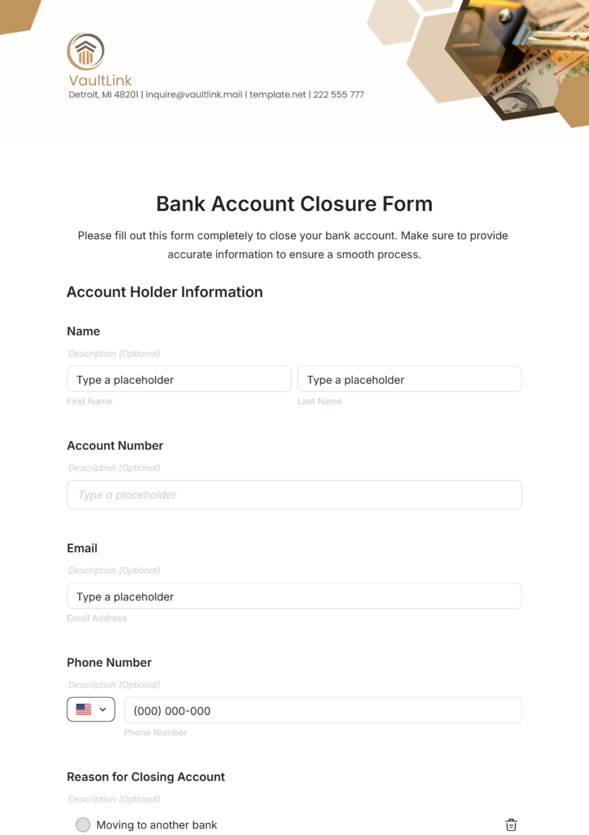 Bank Account Closure Form Template - Edit Online & Download