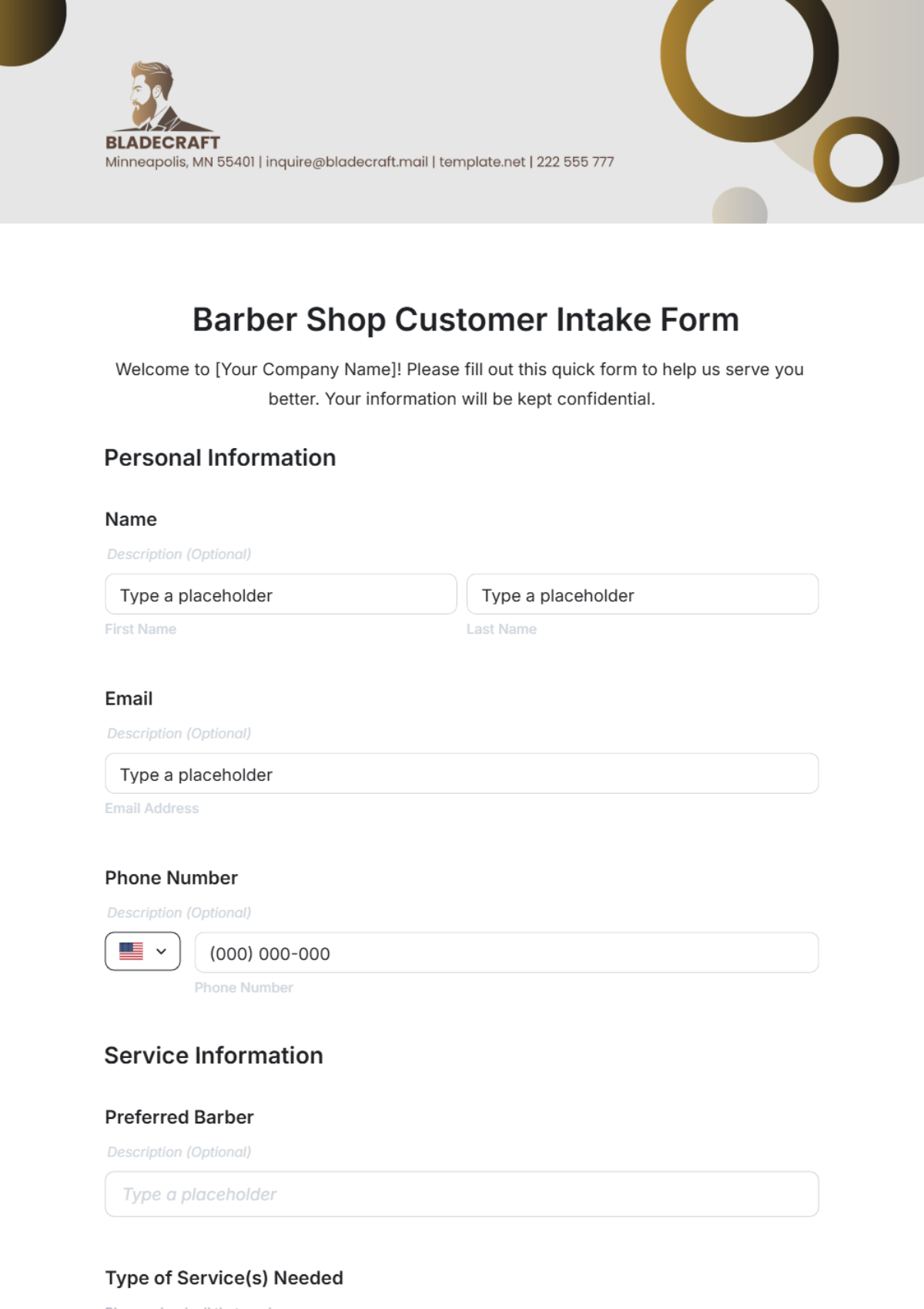 Barber Shop Customer Intake Form Template - Edit Online & Download