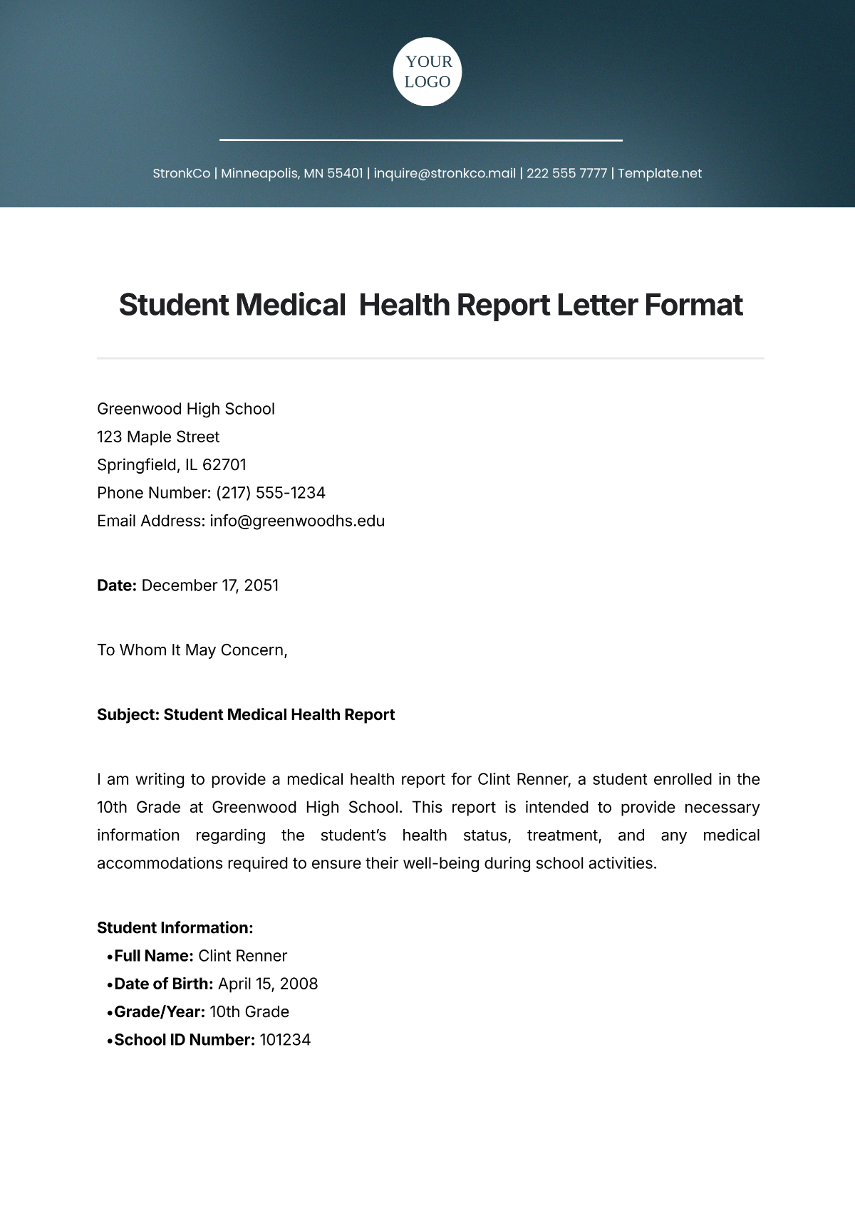 Student Medical  Health Report Letter Format Template - Edit Online & Download