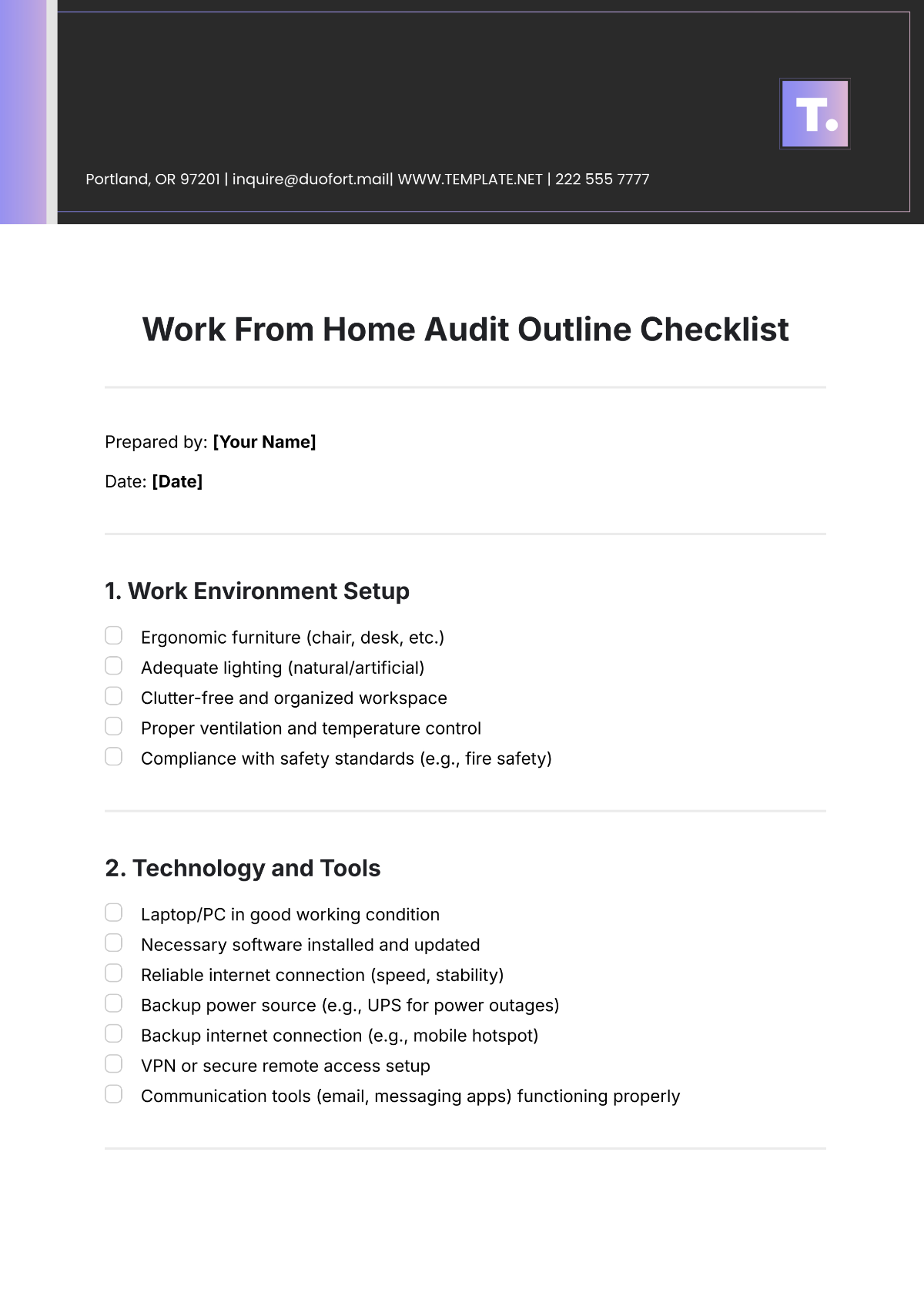 Work From Home Audit Outline Checklist Template - Edit Online & Download