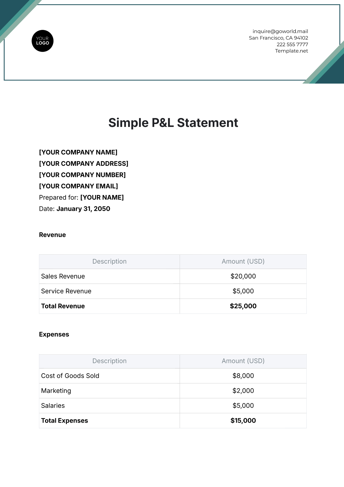 Simple P&L Statement Template