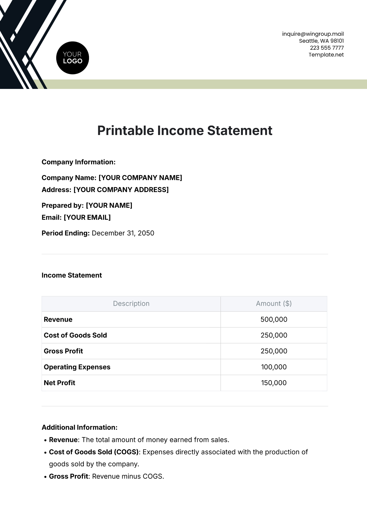 Printable Income Statement Template