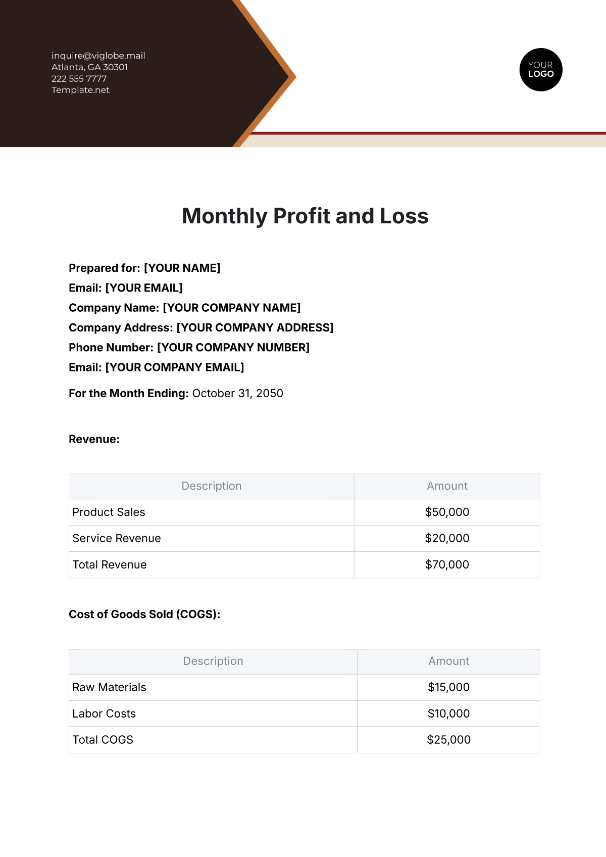 Monthly Profit and Loss Template