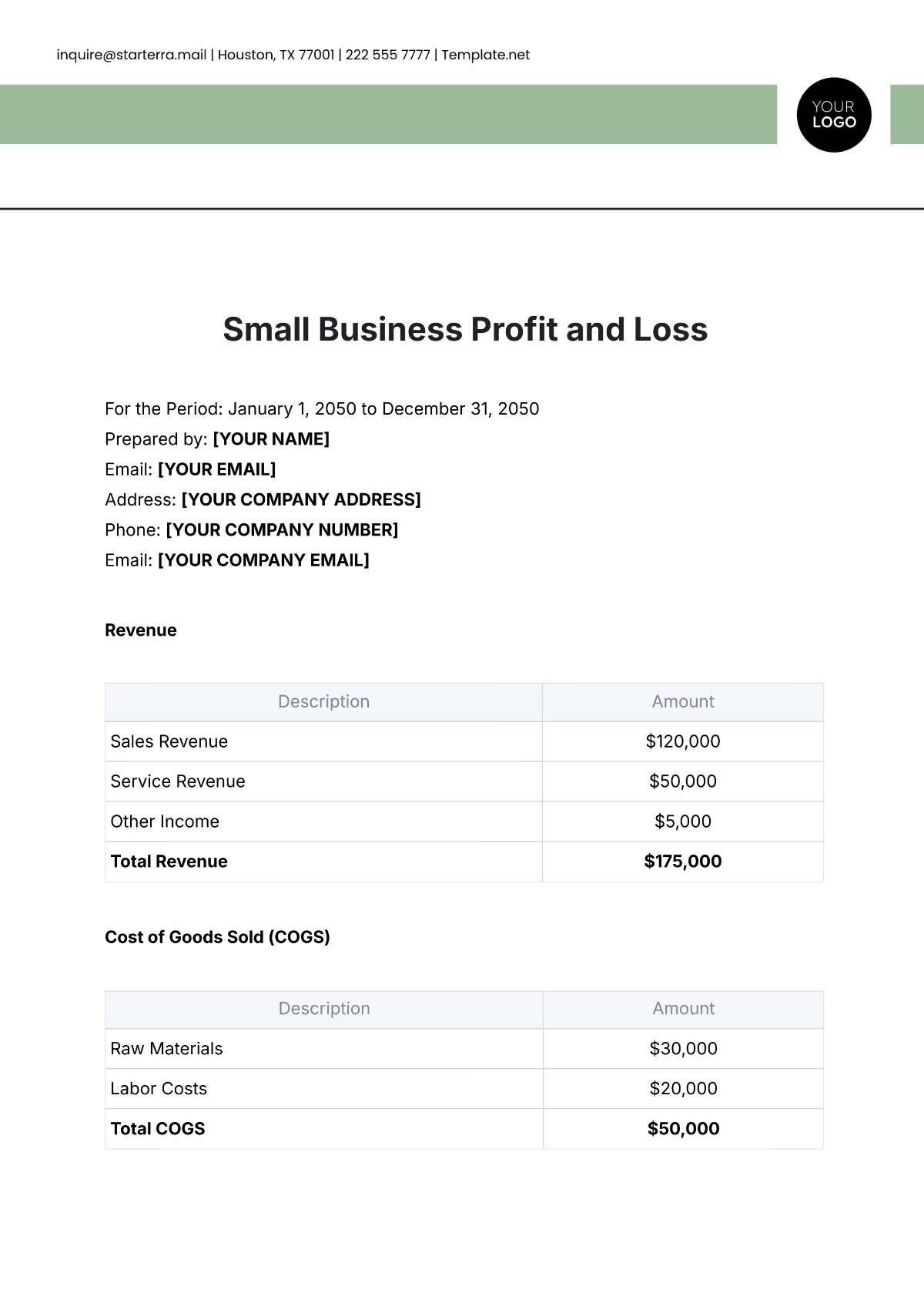 Small Business Profit and Loss Template