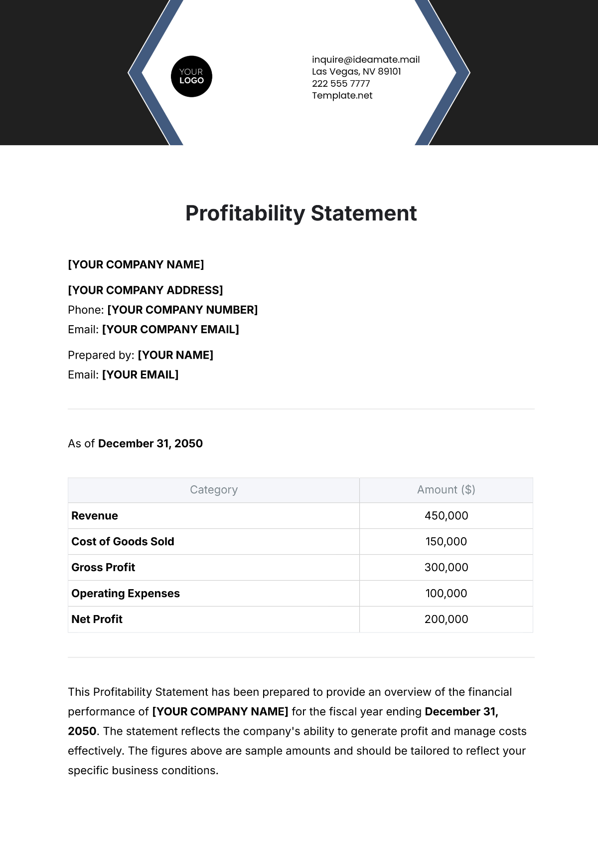 Profitability Statement Template