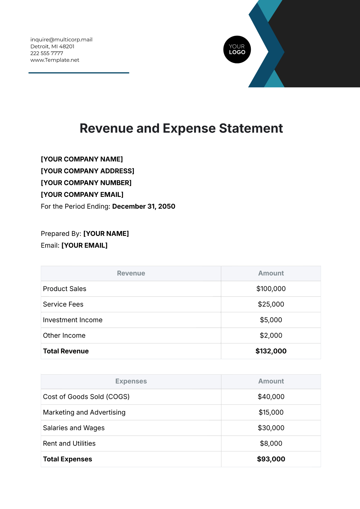 Revenue and Expense Statement Template