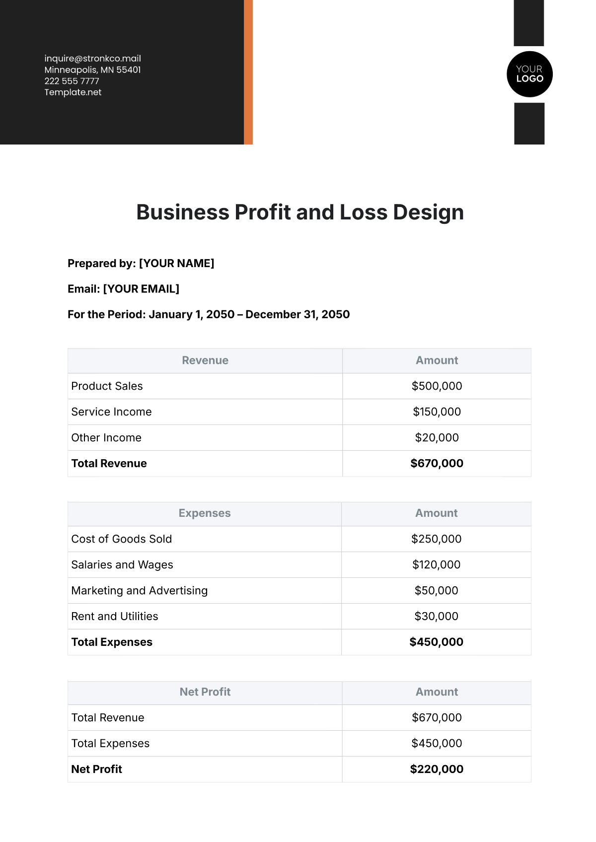 Business Profit and Loss Design Template