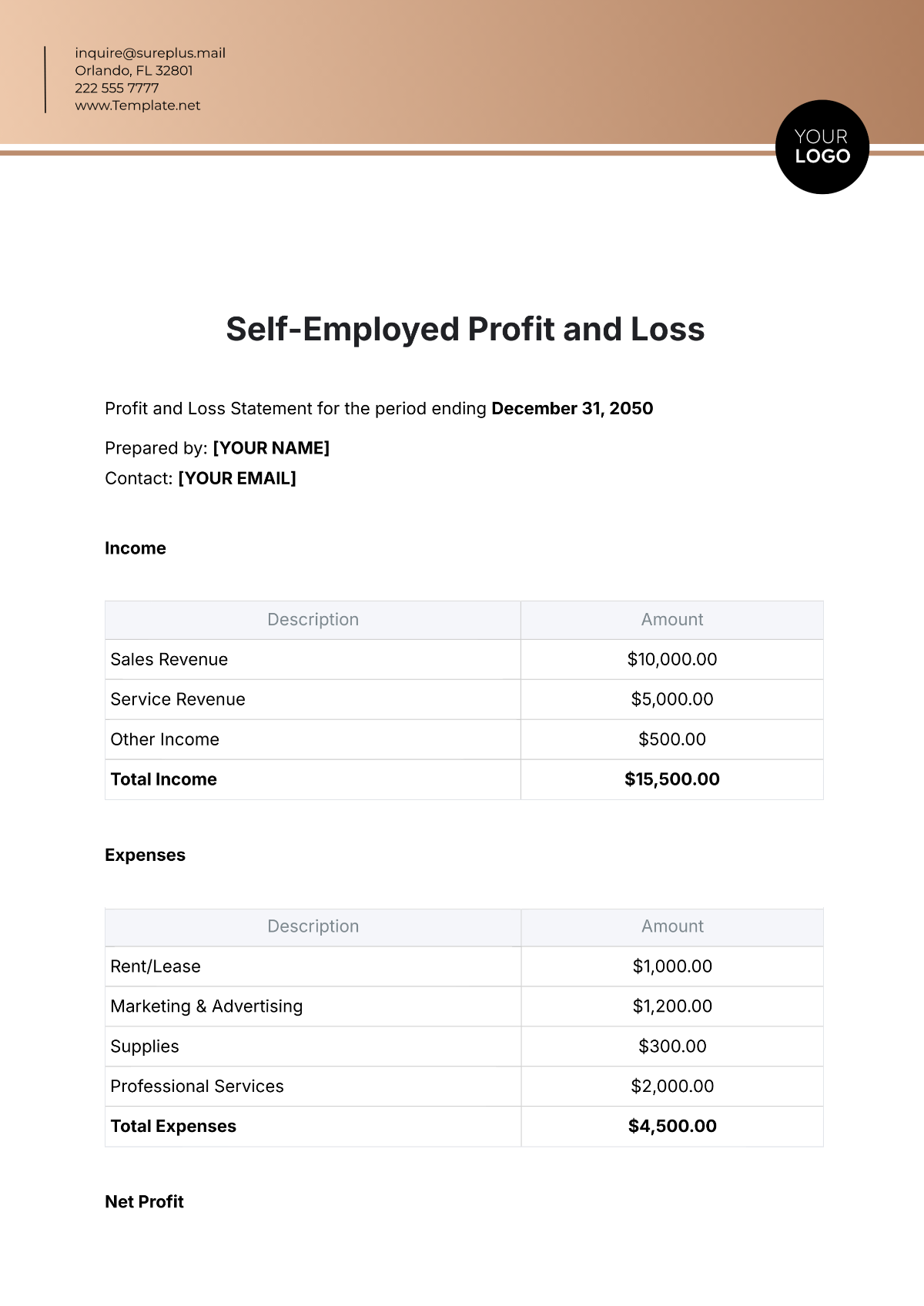 Self-Employed Profit and Loss Template