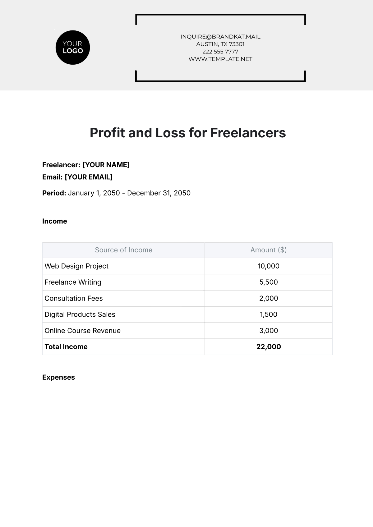 Profit and Loss Template for Freelancers