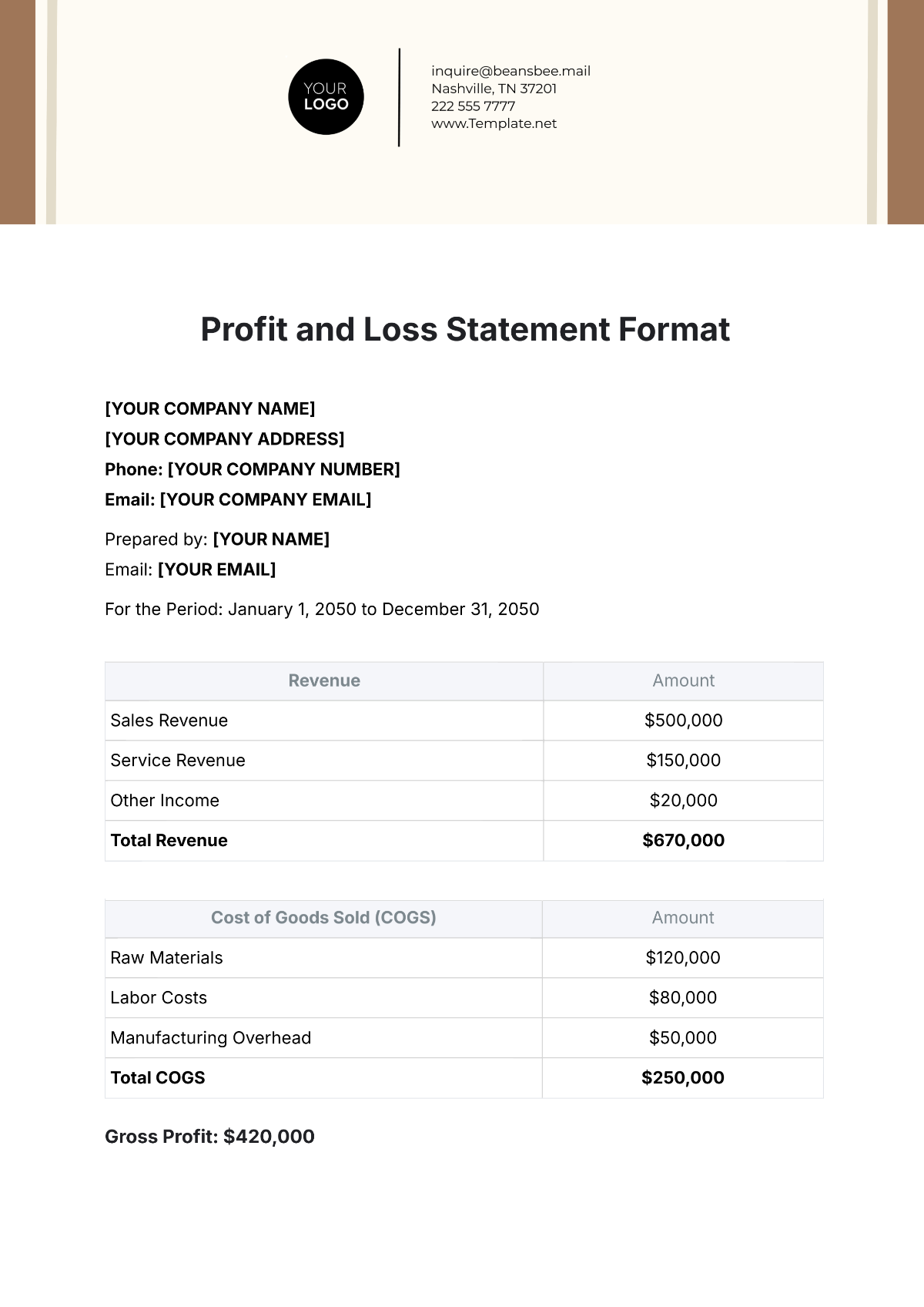 Profit and Loss Statement Format Template - Edit Online & Download