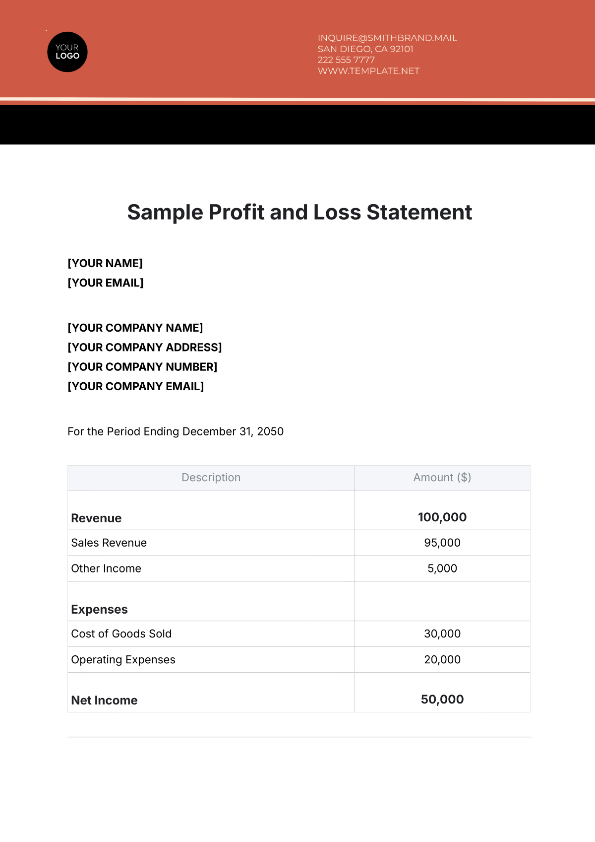 Sample Profit and Loss Statement Template - Edit Online & Download