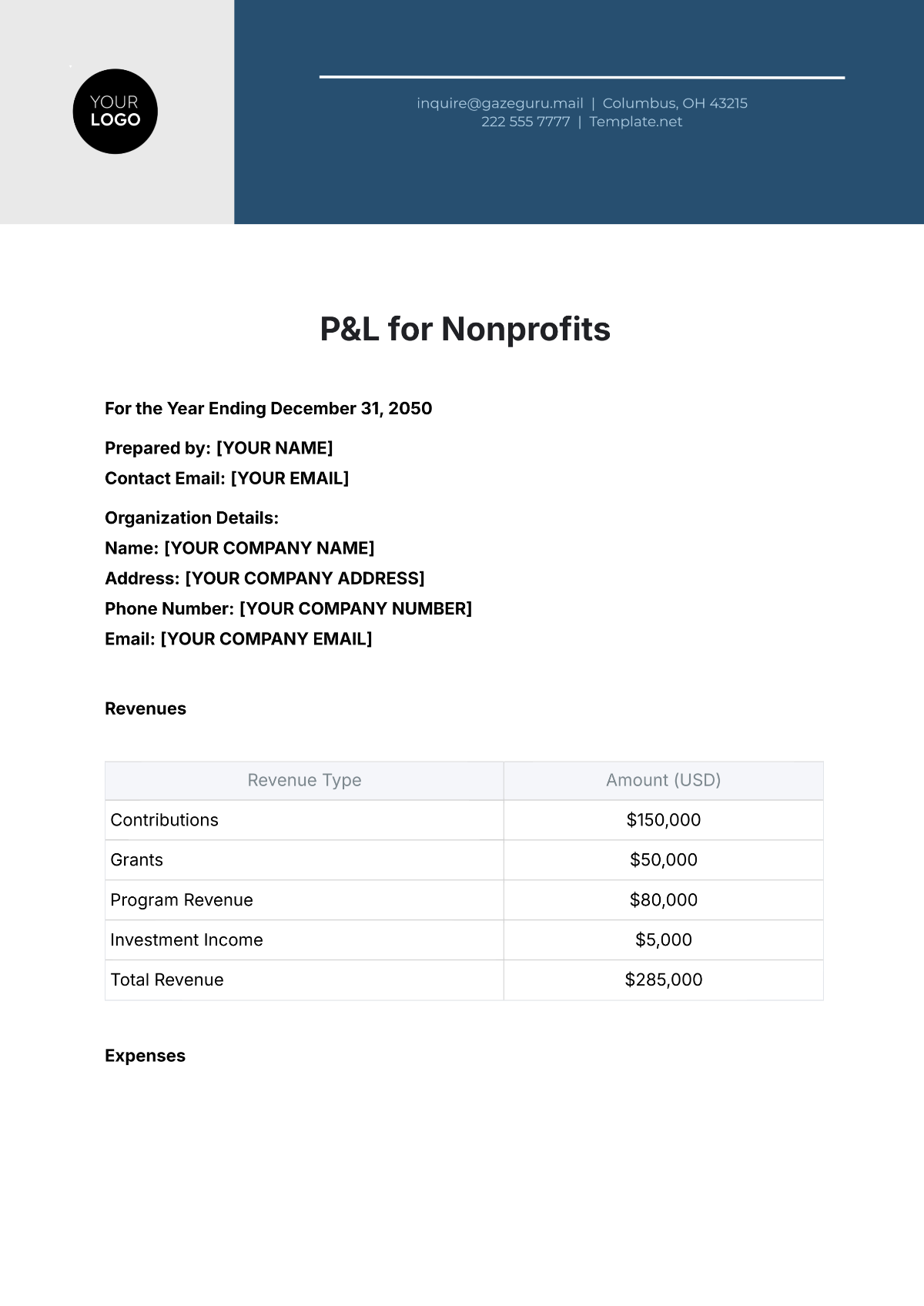 P&L for Nonprofits Template - Edit Online & Download