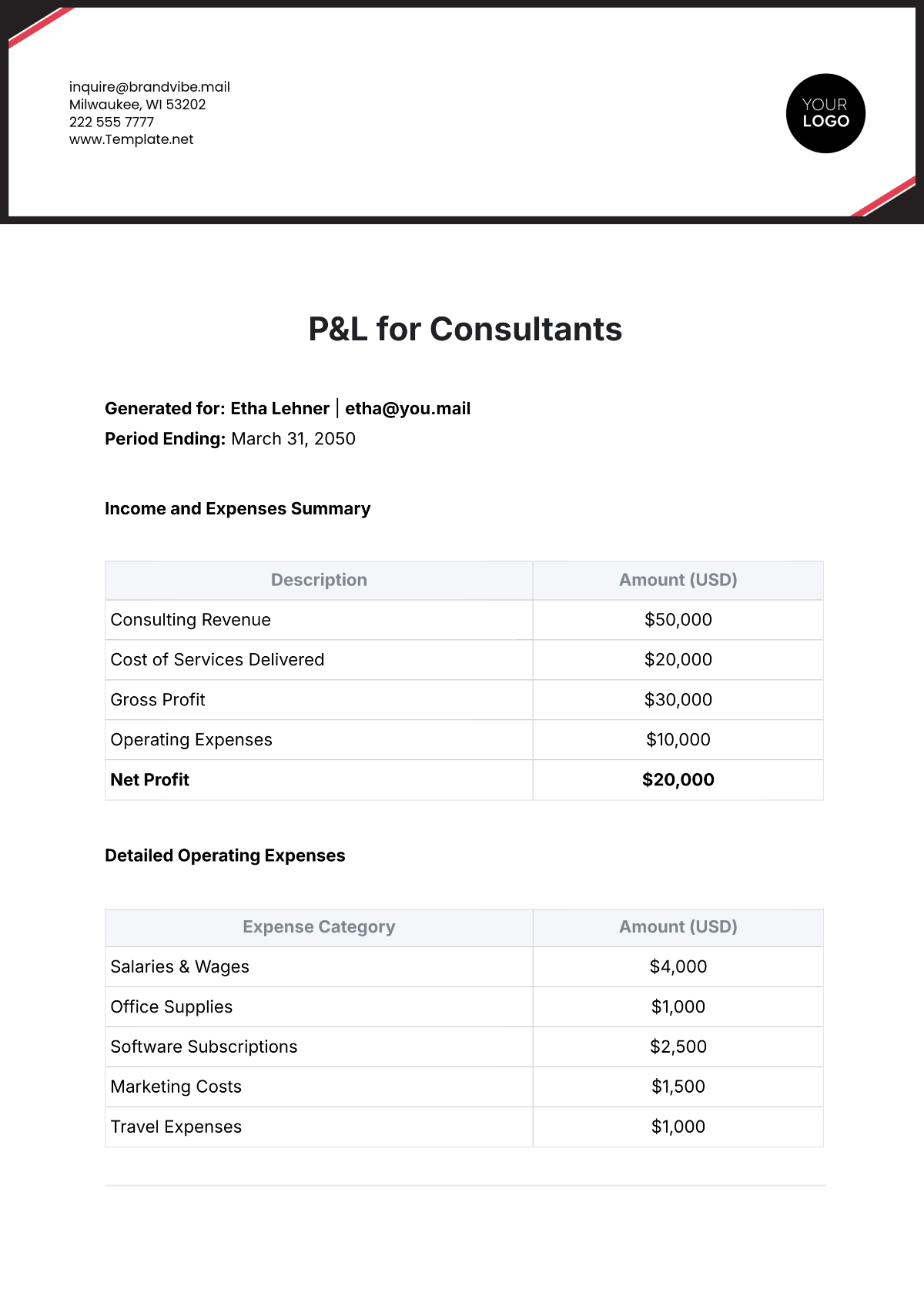 P&L Template for Consultants - Edit Online & Download