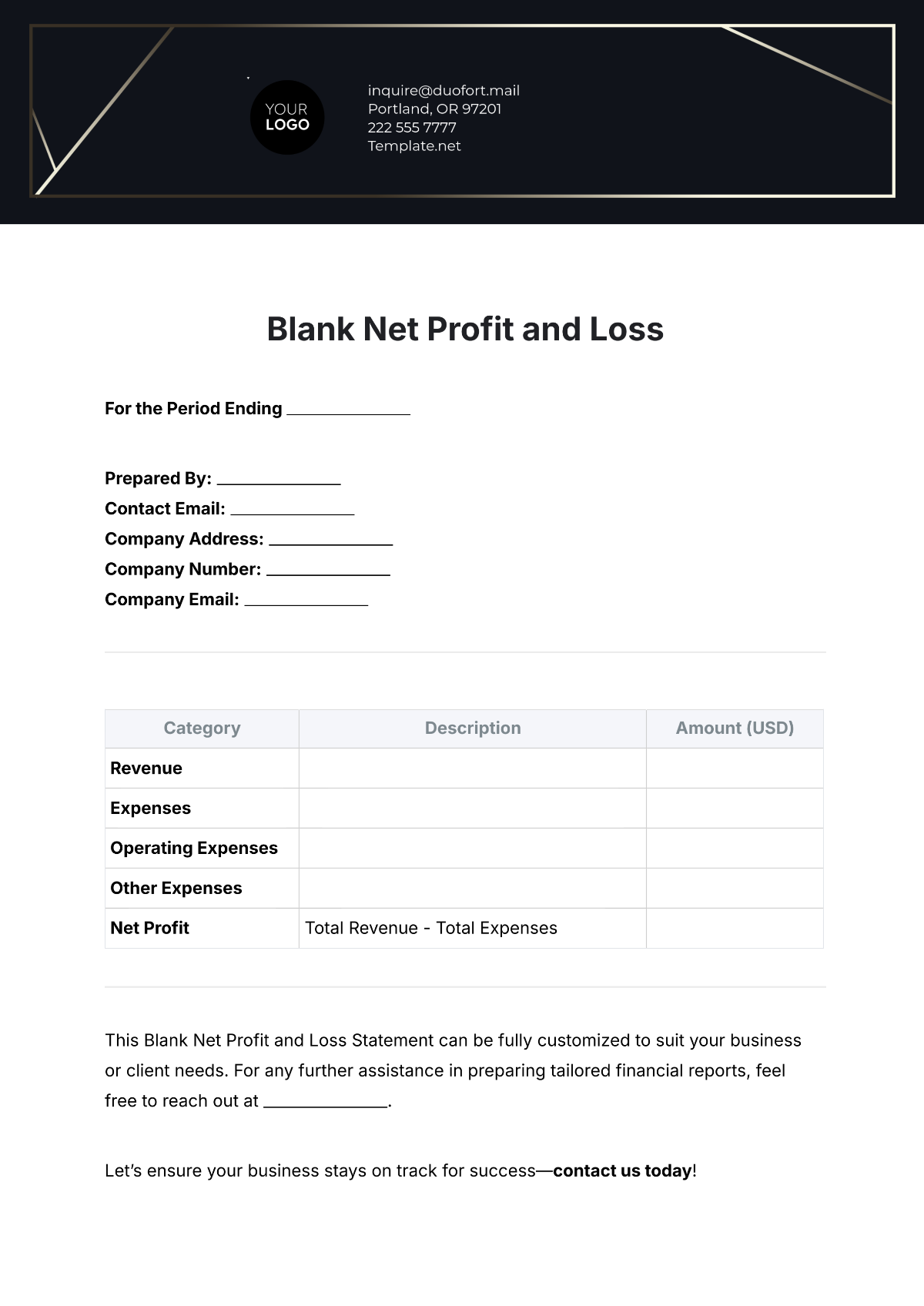 Blank Net Profit and Loss Template - Edit Online & Download