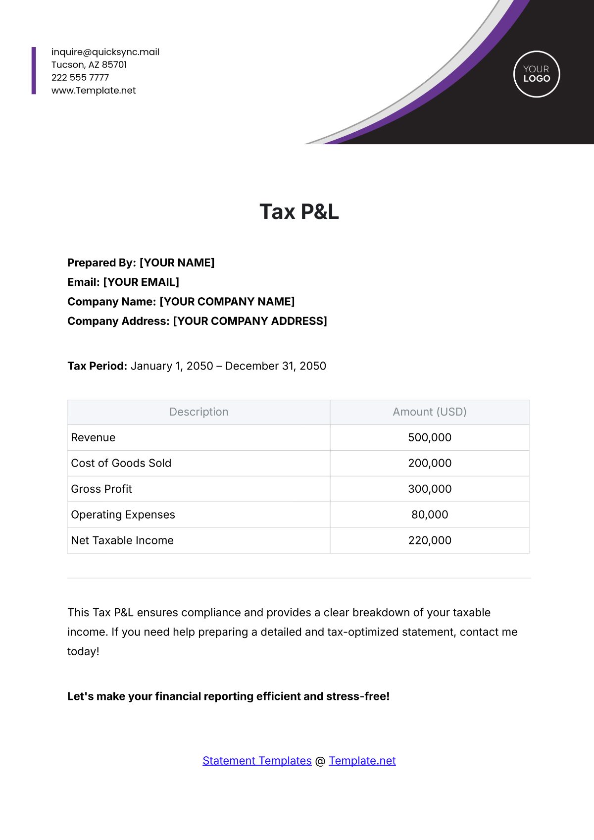 Tax P&L Template - Edit Online & Download