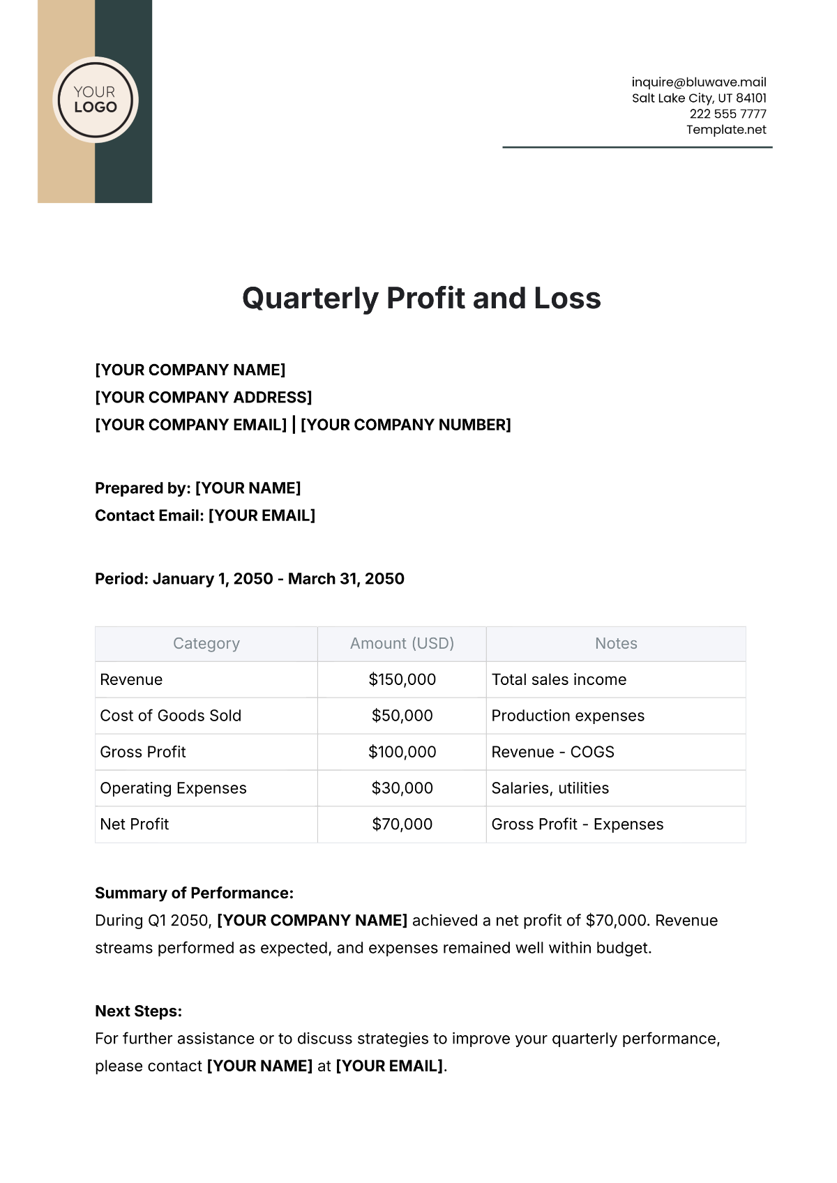 Quarterly Profit and Loss Template - Edit Online & Download