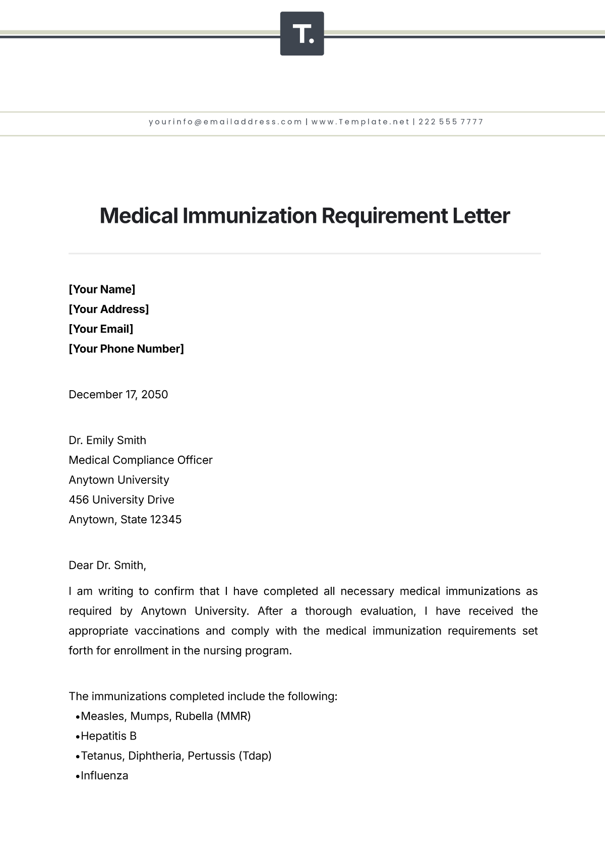 Medical Immunization Requirement Letter Template - Edit Online & Download