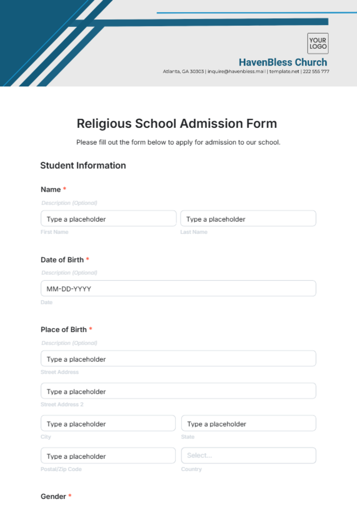 Religious School Admission Form Template - Edit Online & Download