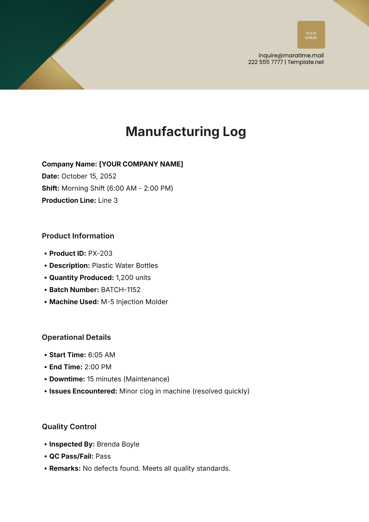 Manufacturing Log Template - Edit Online & Download