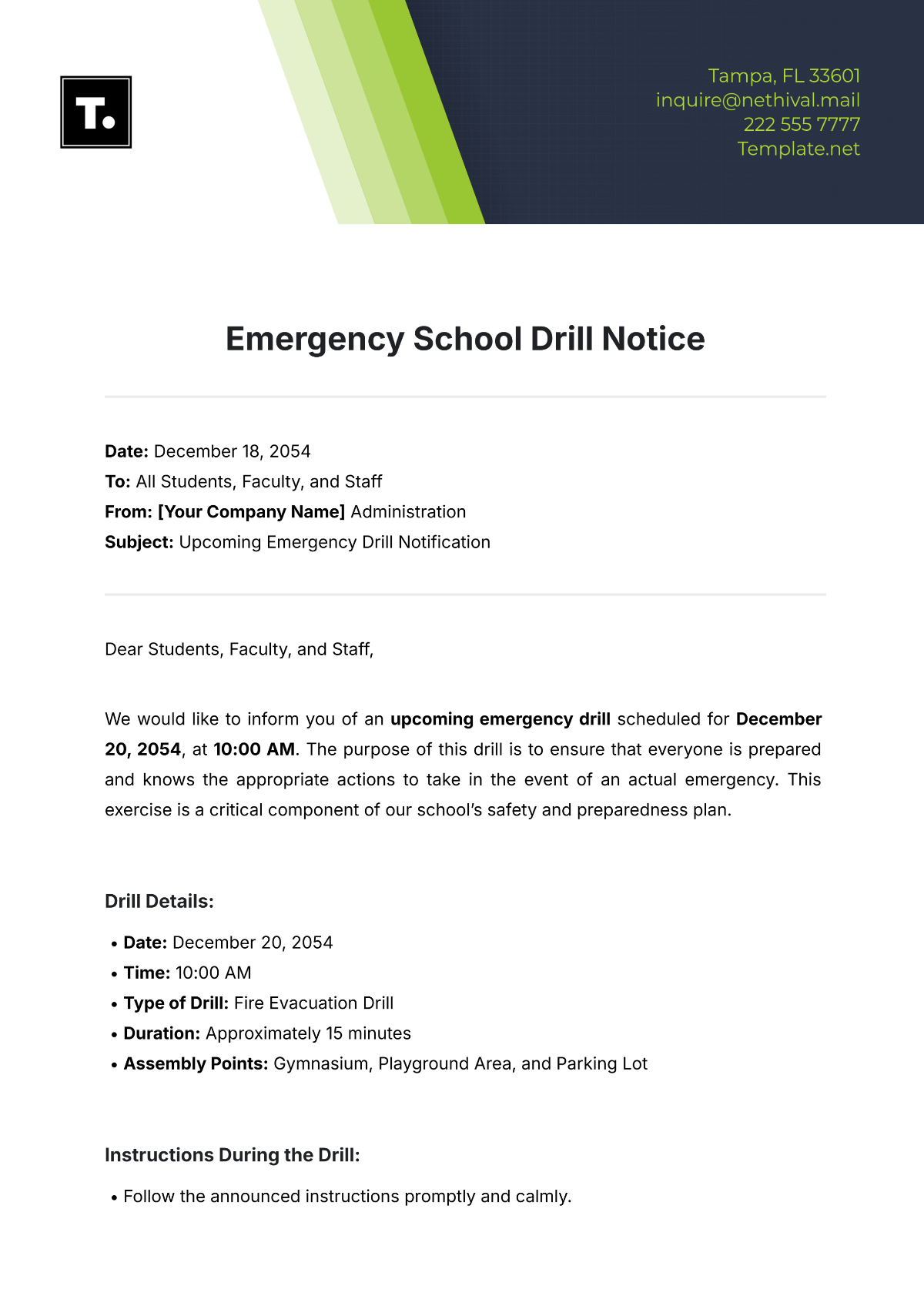 Emergency School Drill Notice Template - Edit Online & Download