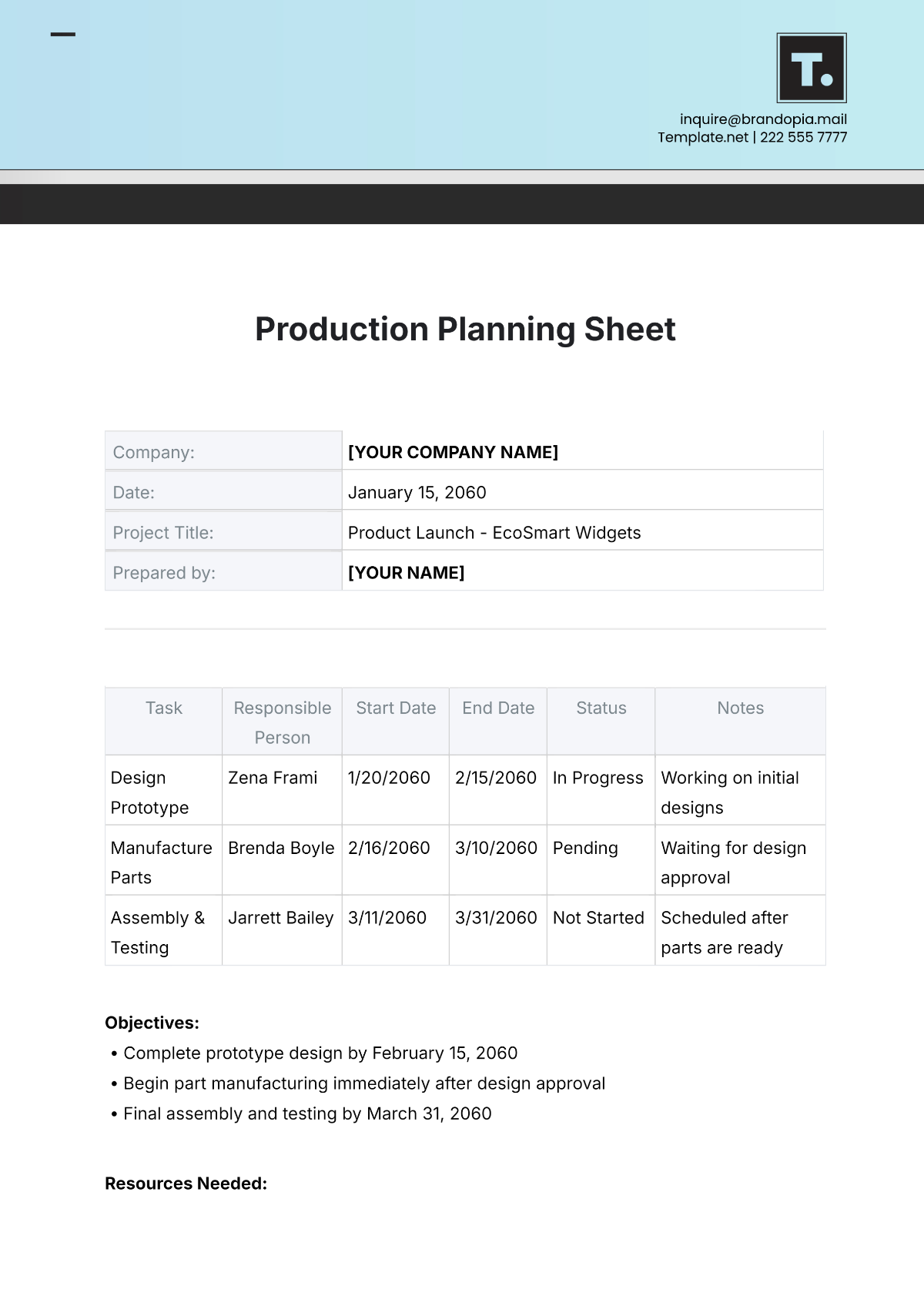 Production Planning Sheet Template - Edit Online & Download