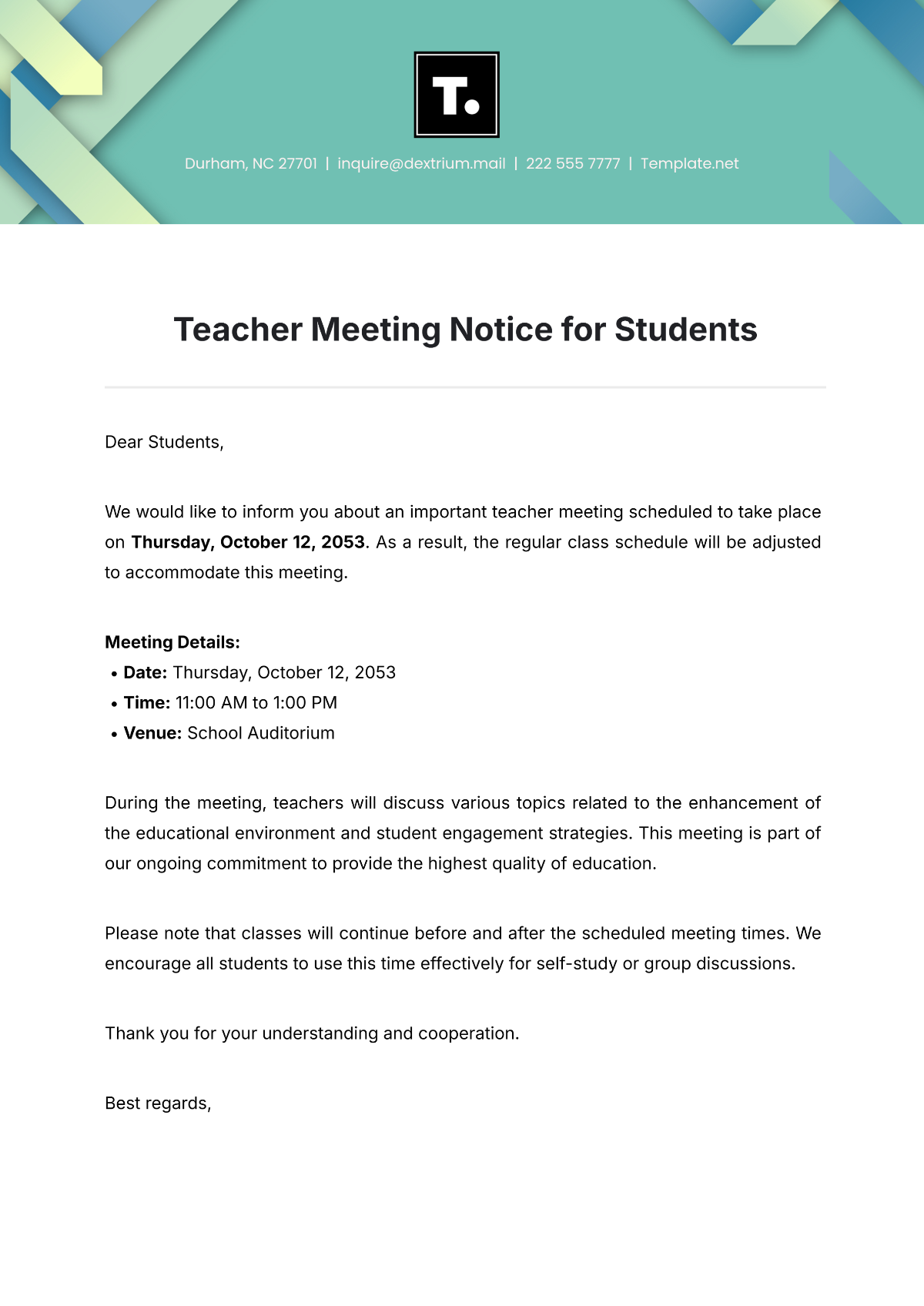 Teacher Meeting Notice for Students Template - Edit Online & Download