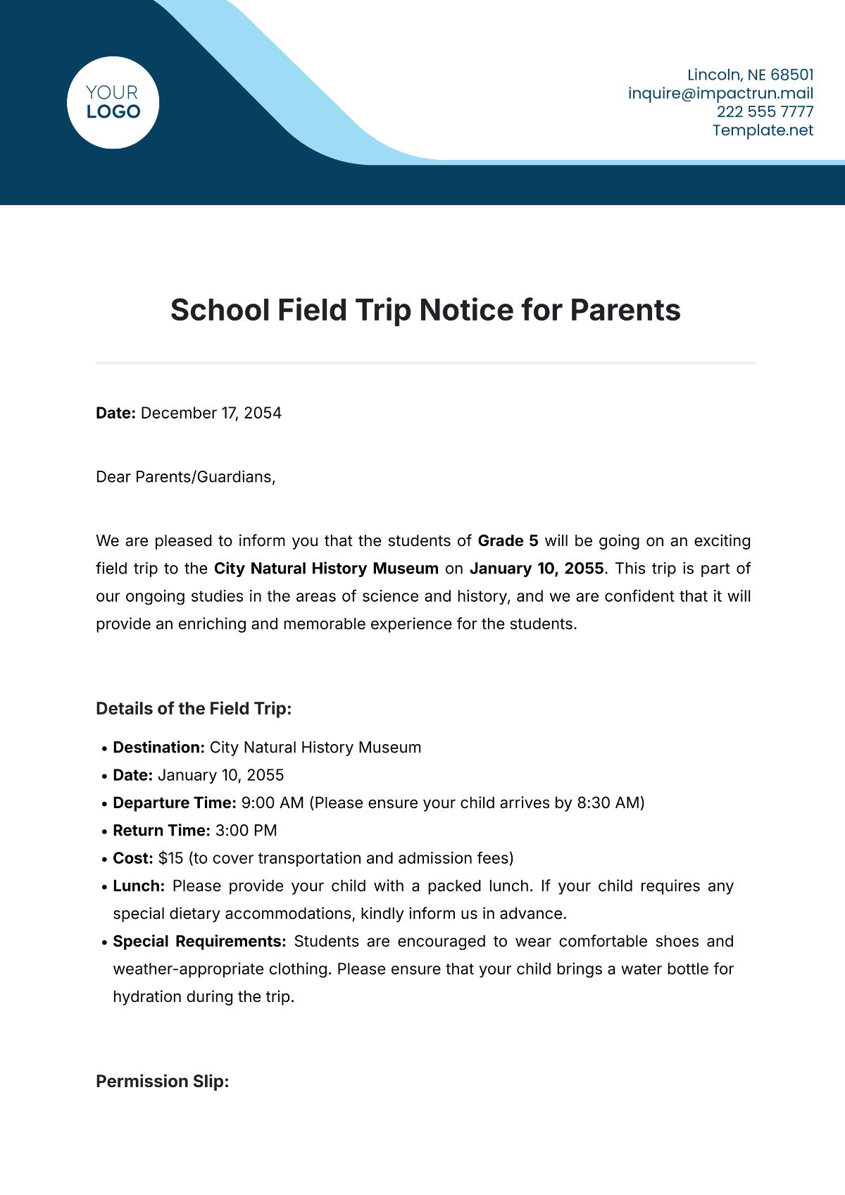 School Field Trip Notice for Parents Template - Edit Online & Download