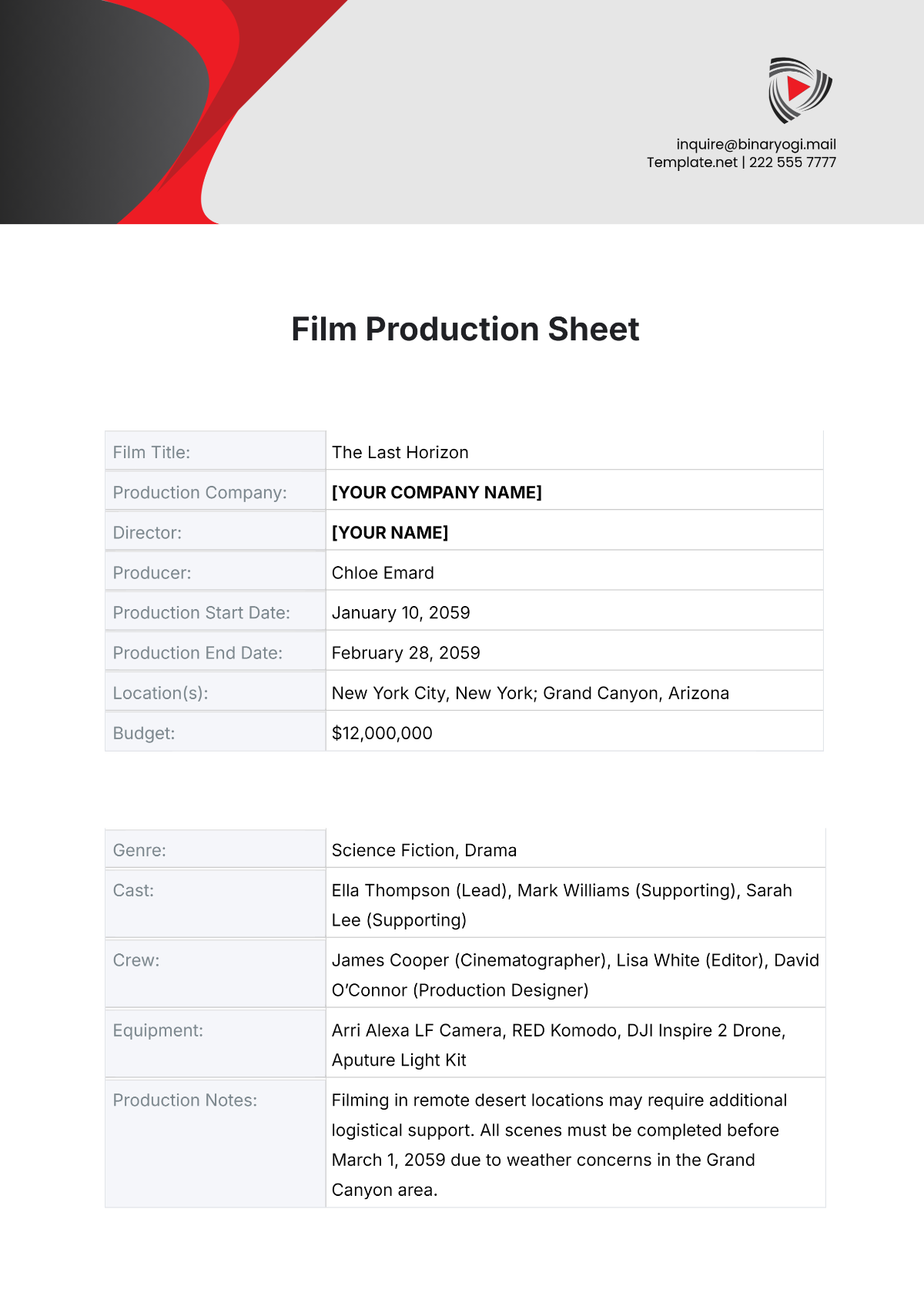 Film Production Sheet Template - Edit Online & Download