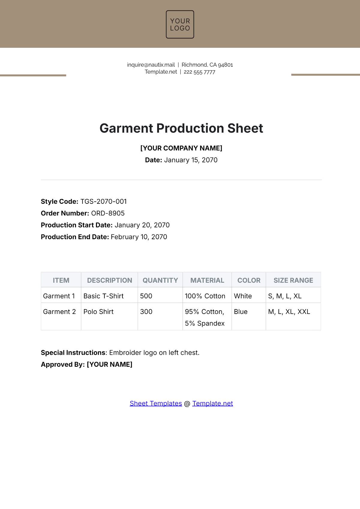 Garment Production Sheet Template - Edit Online & Download