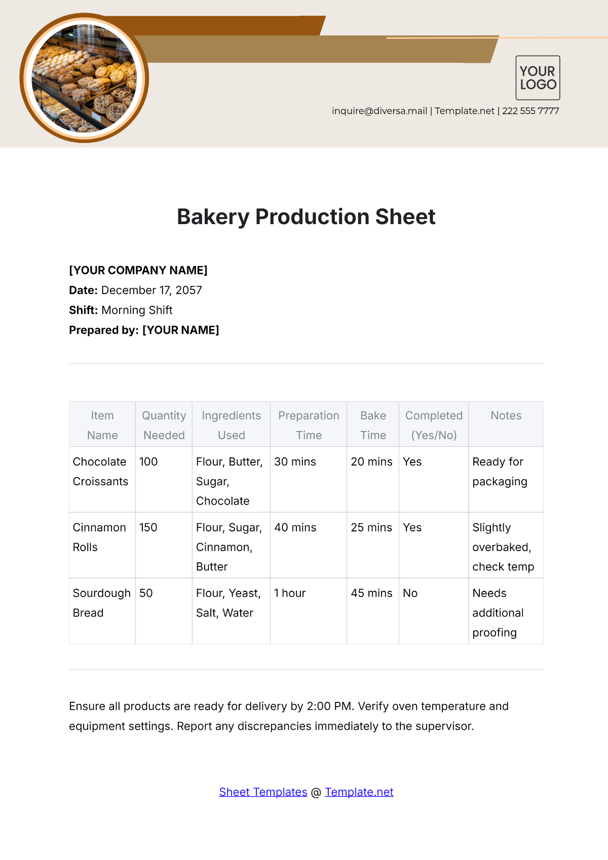 Bakery Production Sheet Template - Edit Online & Download