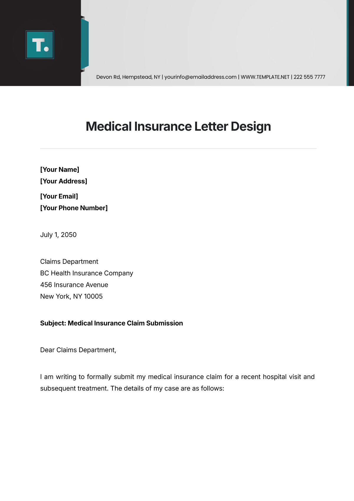 Medical Insurance Letter Design Template - Edit Online & Download