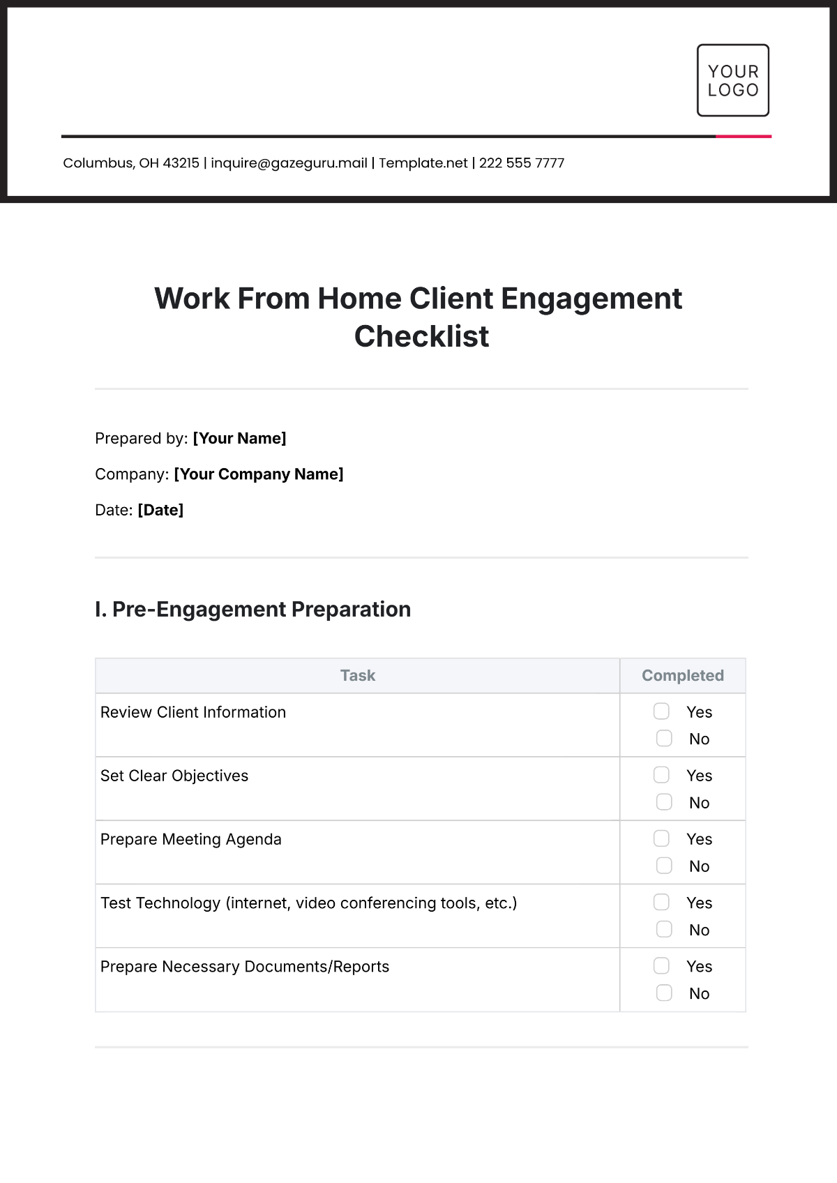 Work From Home Client Engagement Checklist Template - Edit Online & Download