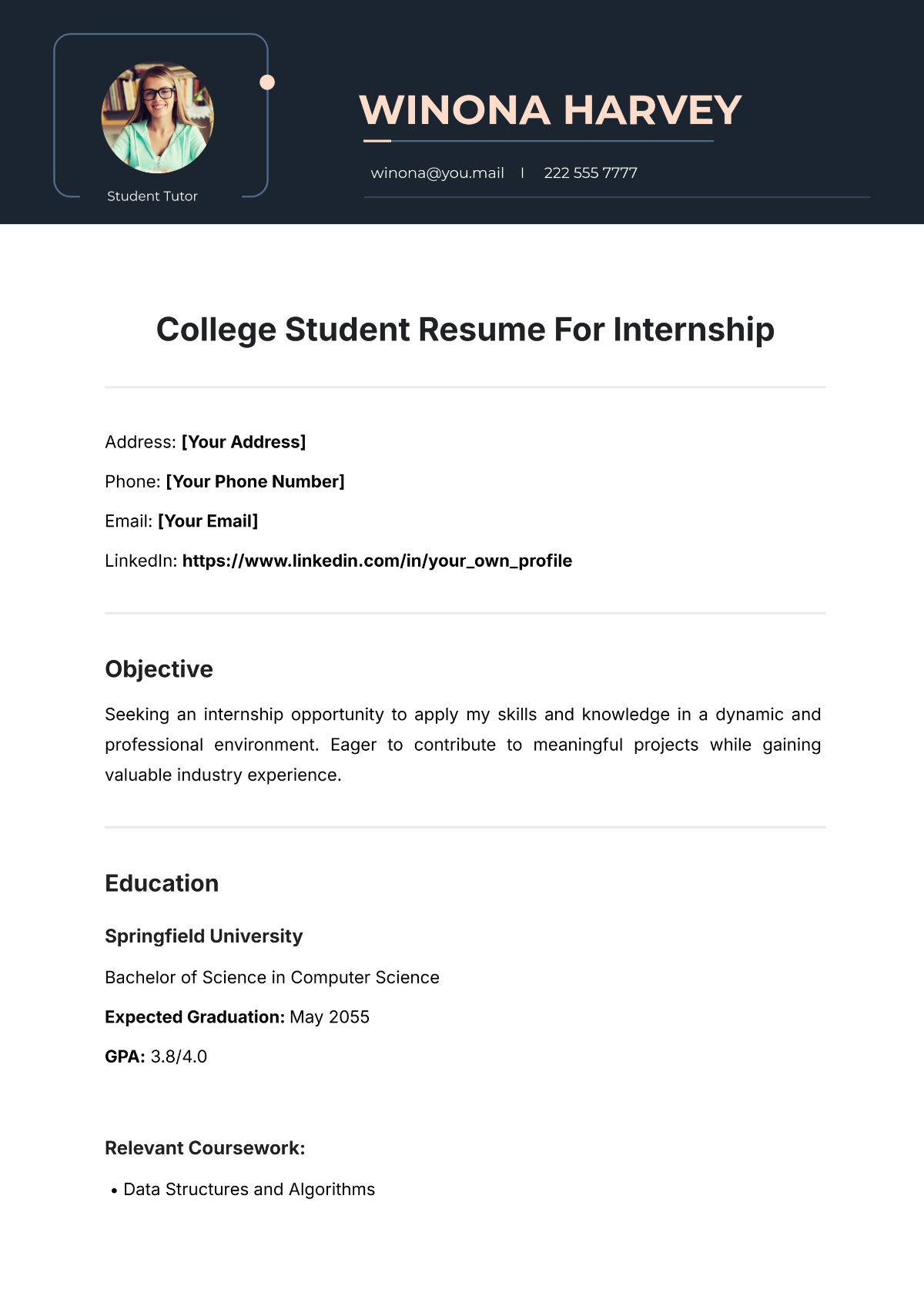 College Student Resume For Internship Template - Edit Online & Download