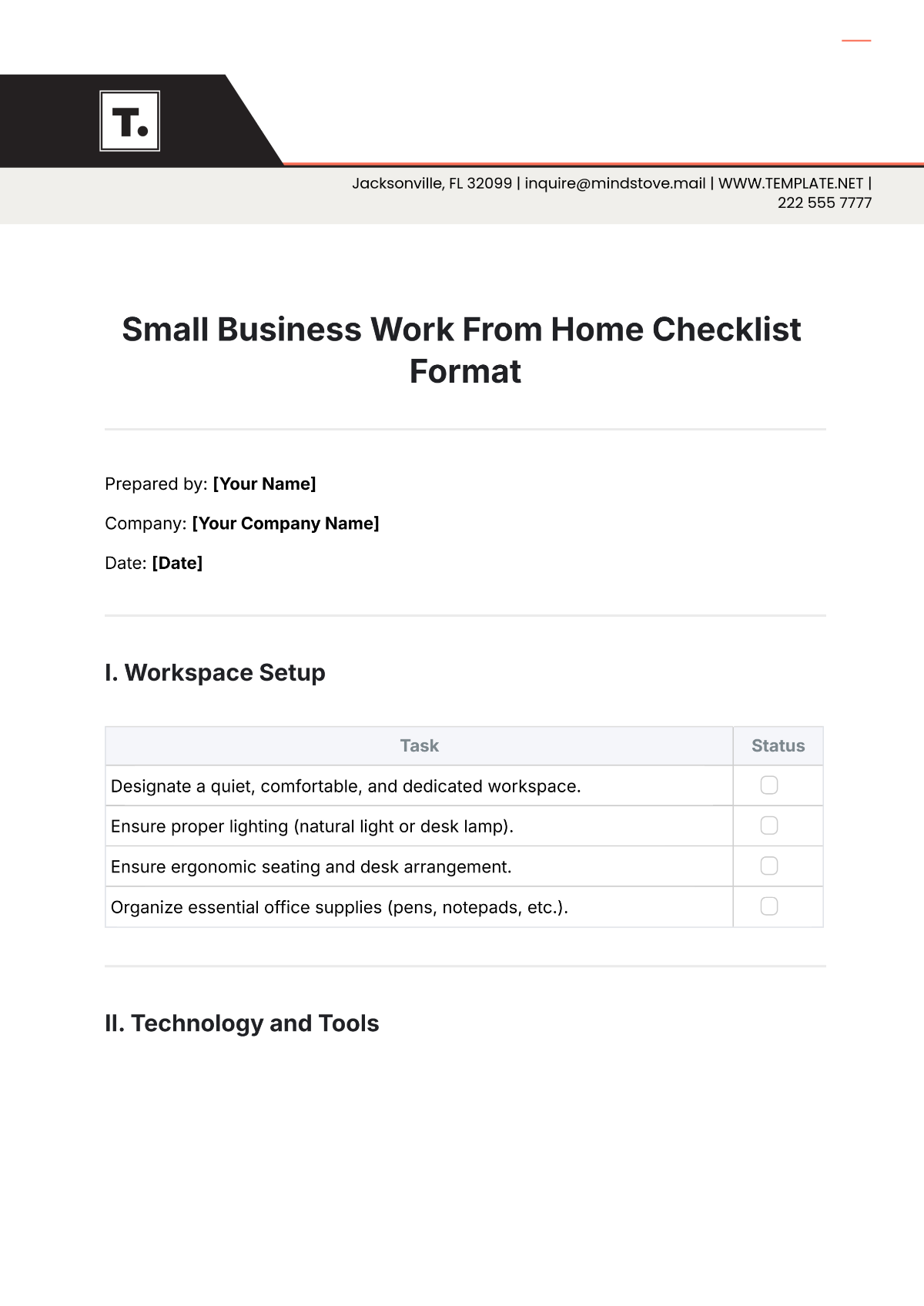 Small Business Work From Home Checklist Format Template - Edit Online & Download