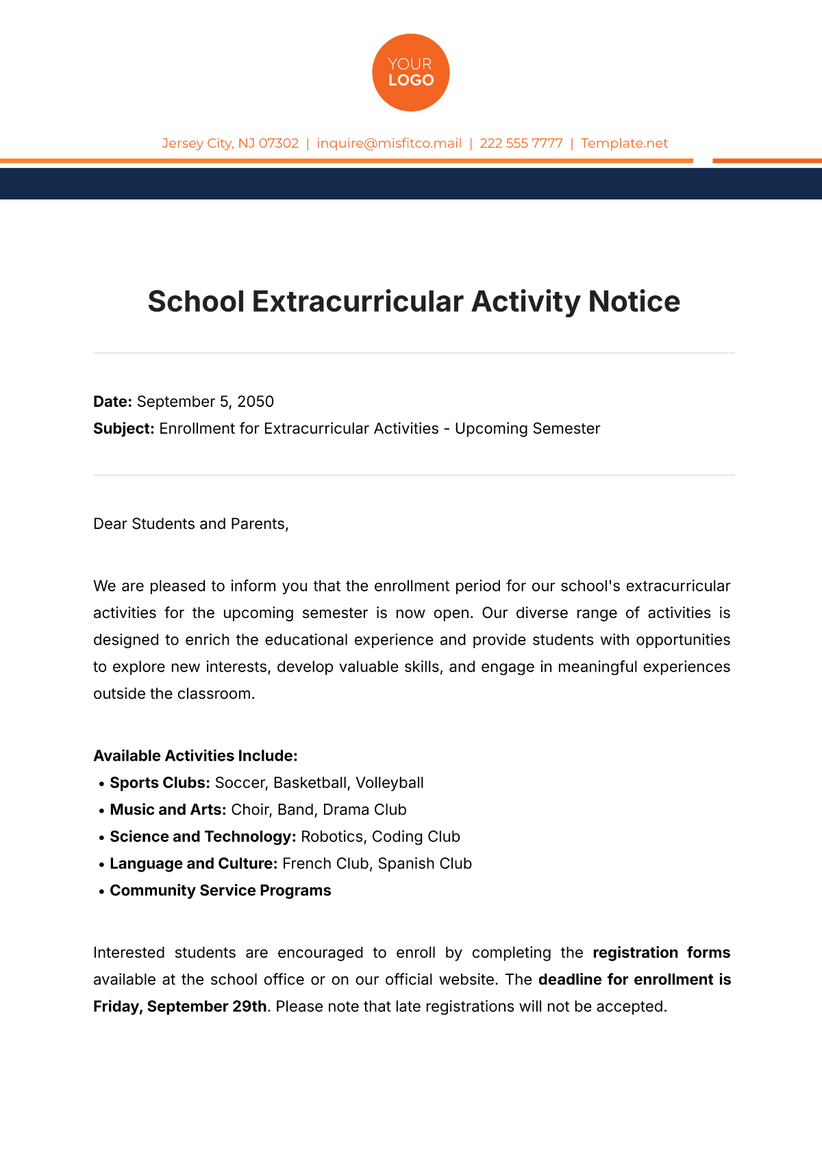 School Extracurricular Activity Notice Template - Edit Online & Download