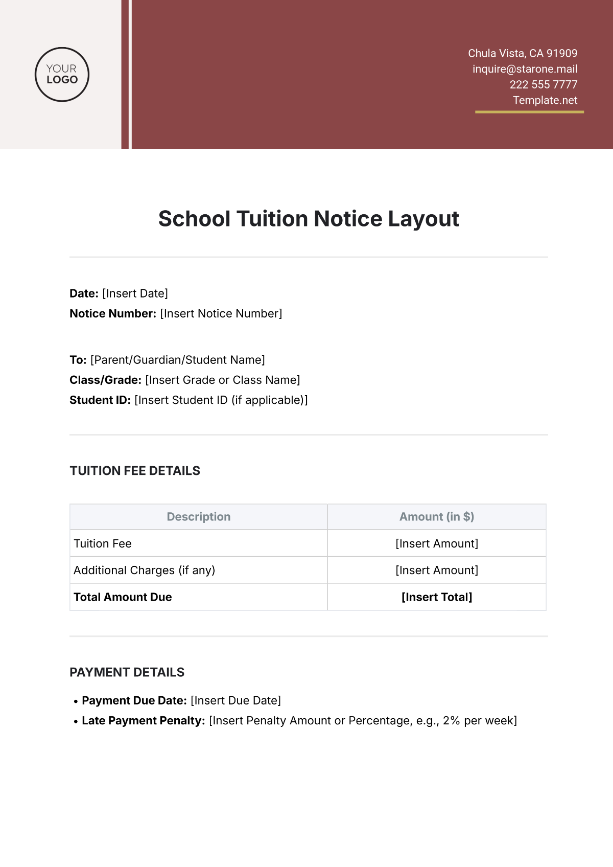 School Tuition Notice Layout Template - Edit Online & Download