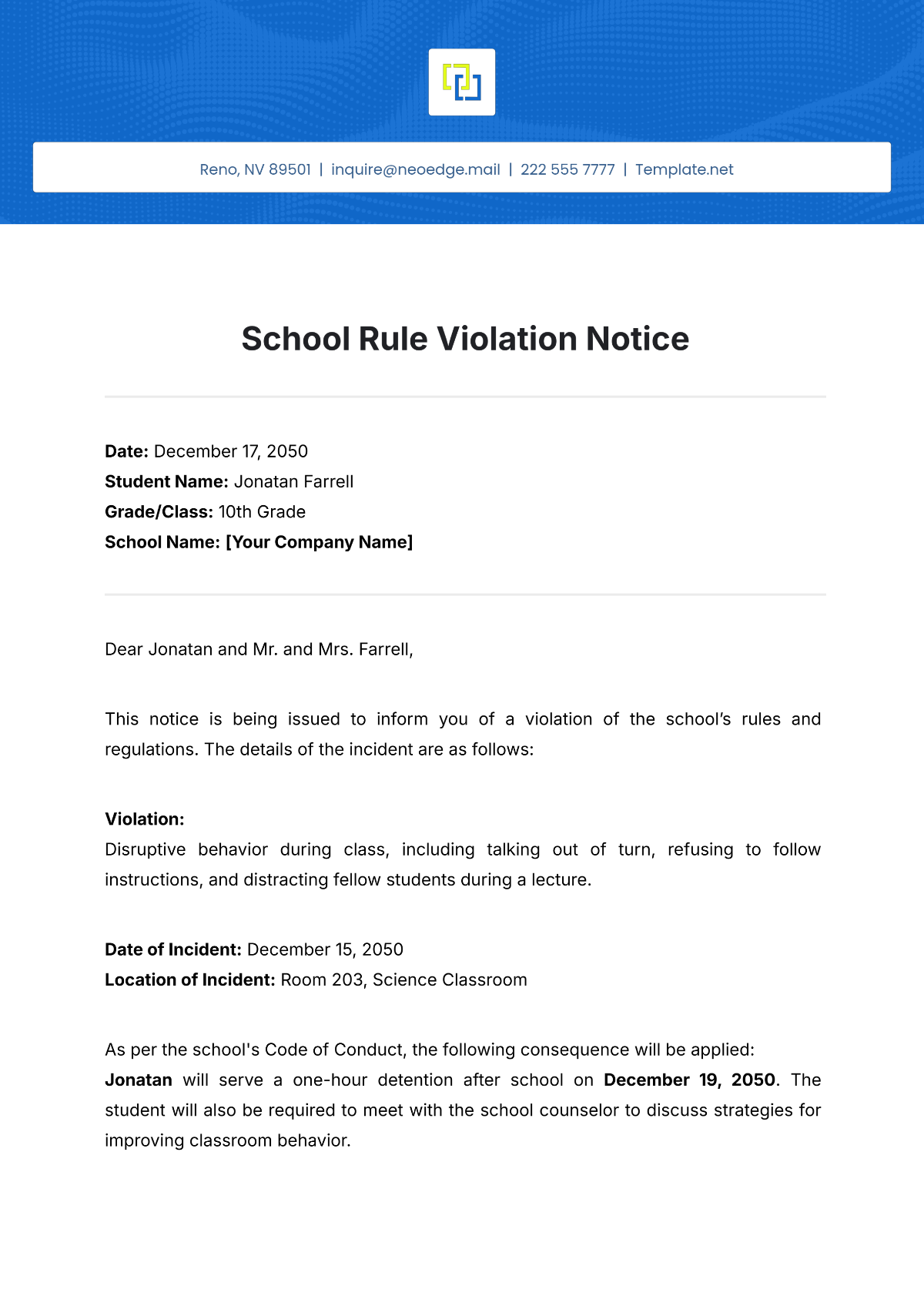 School Rule Violation Notice Template - Edit Online & Download