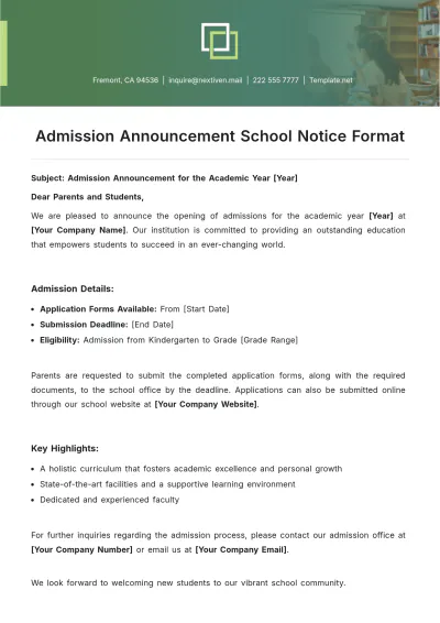 Free Admission Announcement School Notice Format Template to Edit Online